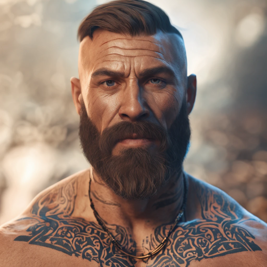 ((Cinematic light, Best quality, 8k, Masterpiece :1.3)), (extremely detailed:1.2), (extremely detailed face), (photorealistic:1.2), (ultra detailed), 8k, (((guy))), full body shot, close up muscular body, (light brown beard), light brown coloured facial hair, (((bald))),((no hair)), bright blue tribe tattoos, (gentle smile), (look at viewer), fur, muscular, runic tattoos,((glowing blue tattoos)), gentle demeanor, happy, soft facial features, brown eyes, fighting position , ((long white fur cape)), (look at viewer), headset, city night background, casual clothes