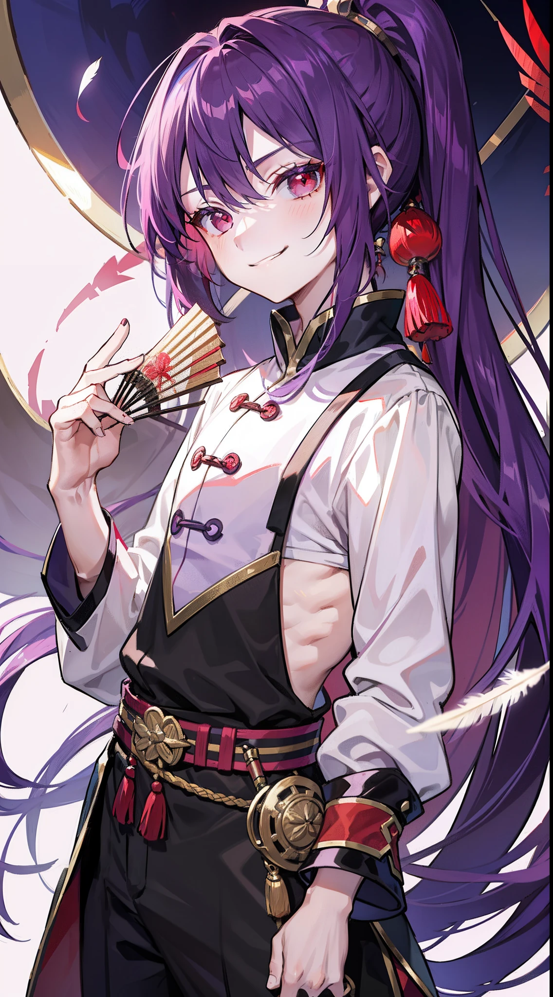 young boy, long purple hair, high ponytail, red-eyes, Chinese purple short-sleeved shirt, Via Hanifa, smirk, Feather Fan, Masterpiece, hiquality