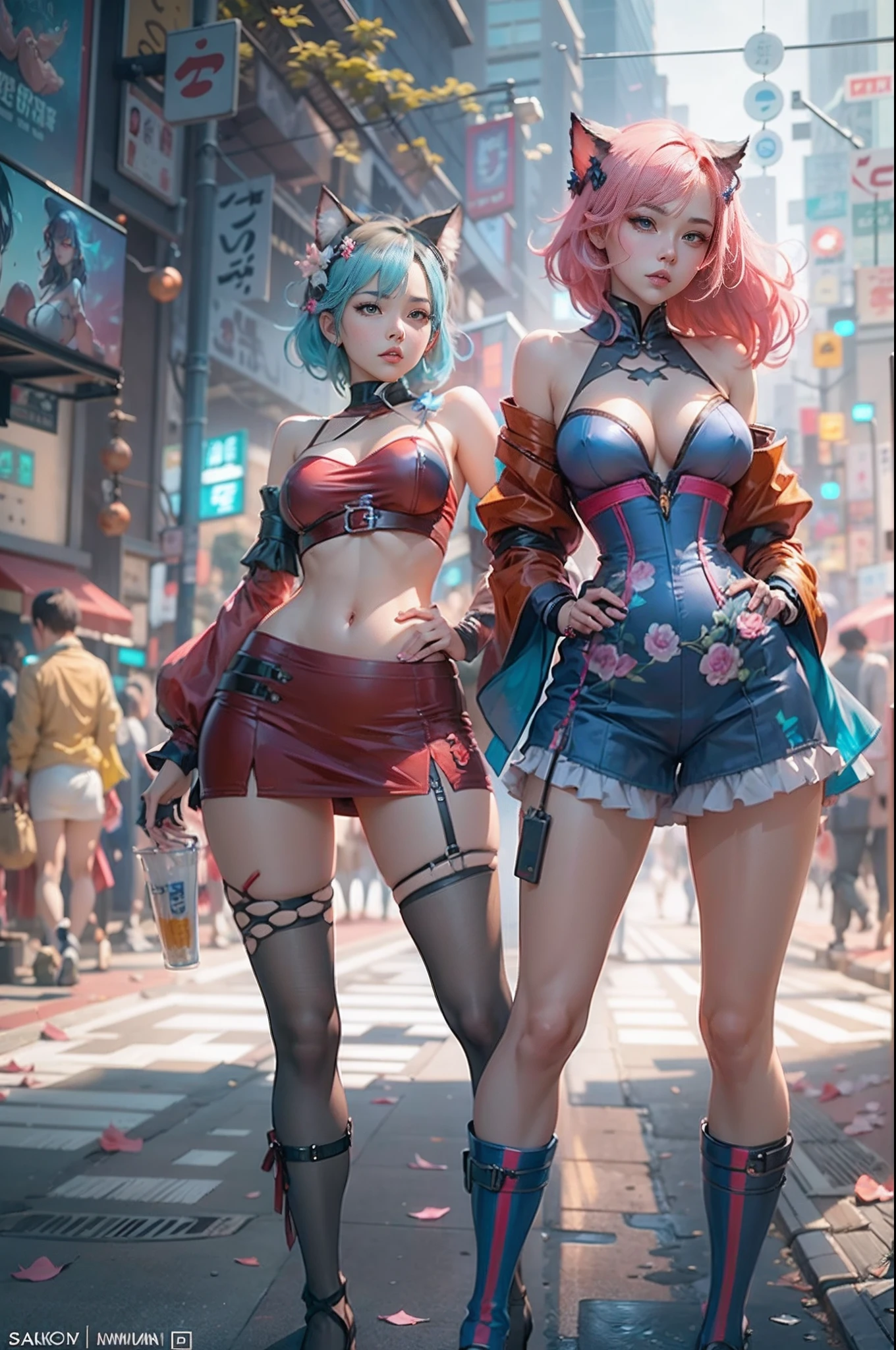 anime - style image of two women with pink and blue hair smal booty dressed in red and blue corset, pose in Akihabara for a foto shooting, wlop and sakimichan, attractive cat girl, artwork in the style of guweiz, fantasy art style, 2. 5 d cgi anime fantasy artwork, fanart best artstation, by Yang J, trending on cgstation, wlop and ross tran, guweiz
