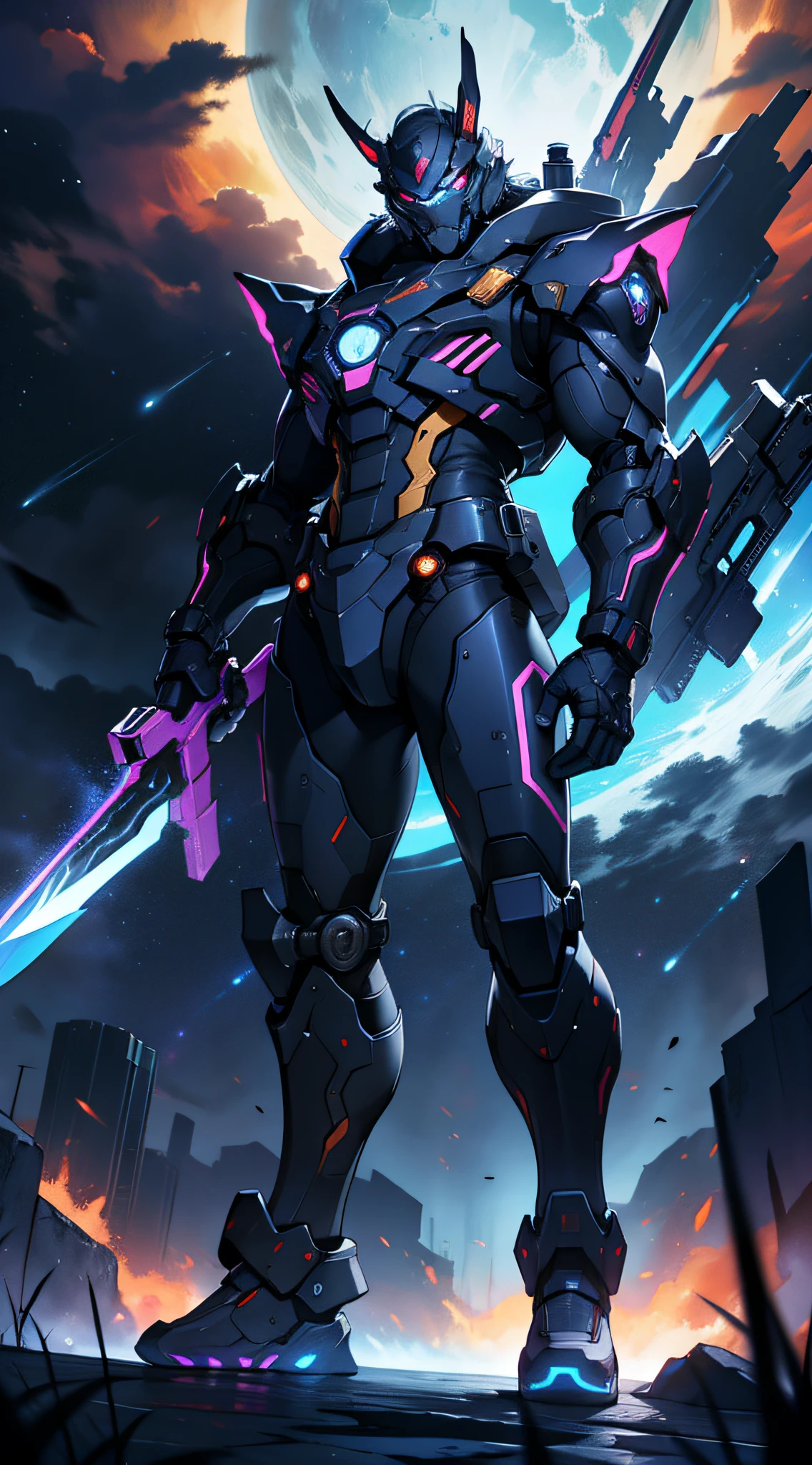 mechs,With a weapon in his hand,There are shining nebulae all around,Extremely distant perspective,Full body like,tmasterpiece,Original,8K,very high res