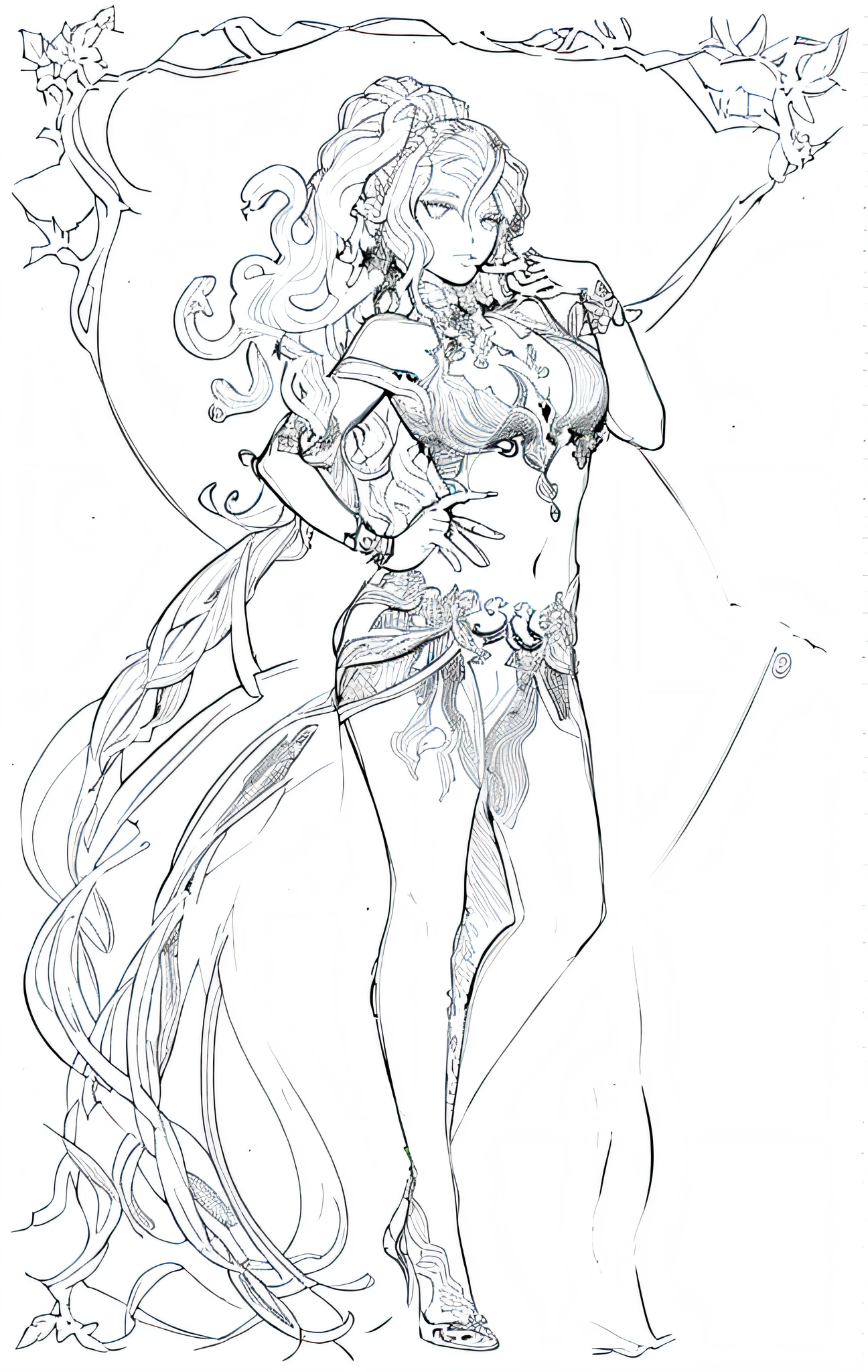 A painting of a woman with Medusa, tmasterpiece, Need,Full body illustration, bold lineart, thick lineart,,Outline sketch,new costume concept design, Full body character drawing,  Line drawing background, White background, Mono Color, Line drawings, ((sketch))