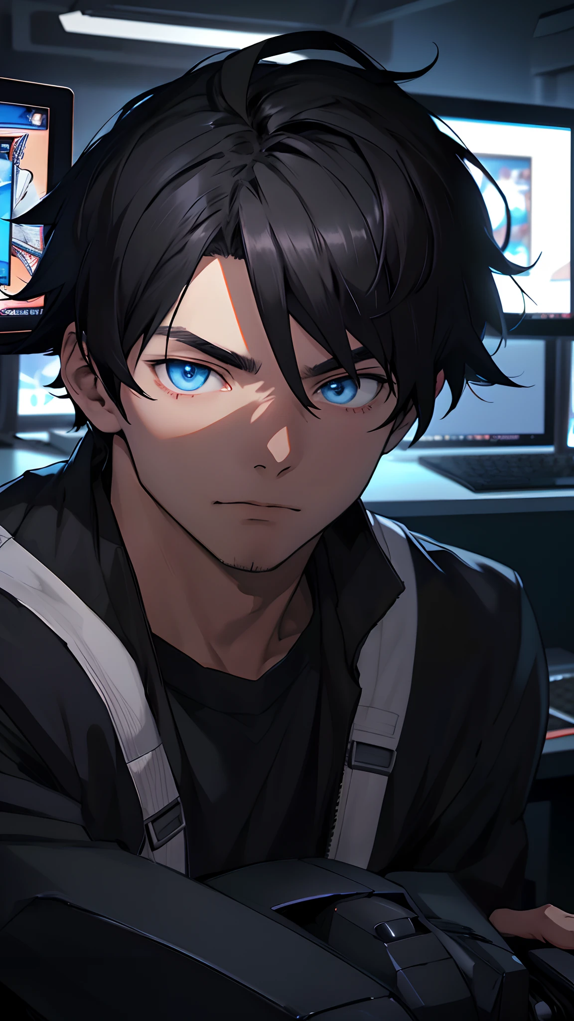 Best quality: 1.0), (Super High Resolution: 1.0), Anime boy, short black hair, blue eyes, sitting in front of computer playing games, background in esports room,