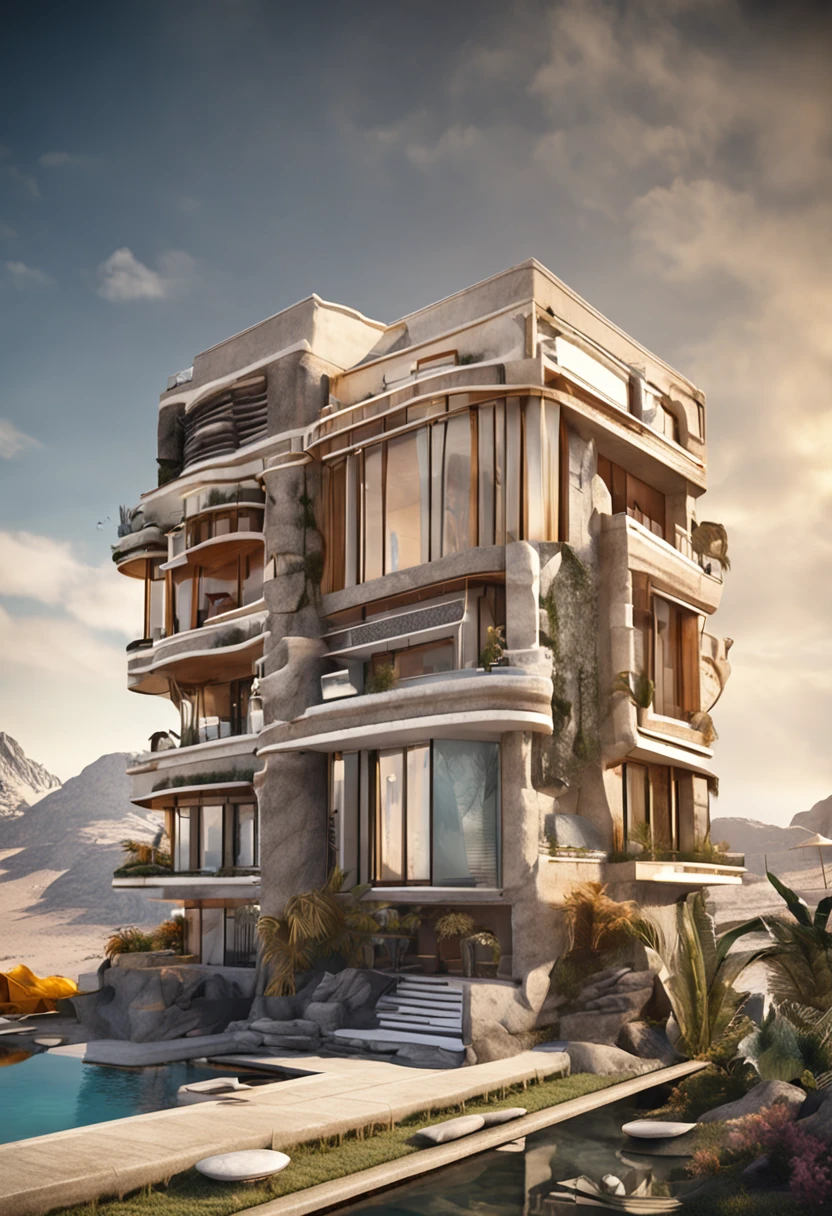 Residential houses，3-storey building，Set against the mountains，Facing the lake，Huge swimming pool，Biological machines:1.3, (Egyptian Thoth:1.2), (coloring:1.2), golds, golds, hans giger, (zentangle:1.2), granulated, extremely detaile, intricately details, Dynamic lighting, Fotorrealista, natural soft light, Low H, tmasterpiece, Detailed 8K