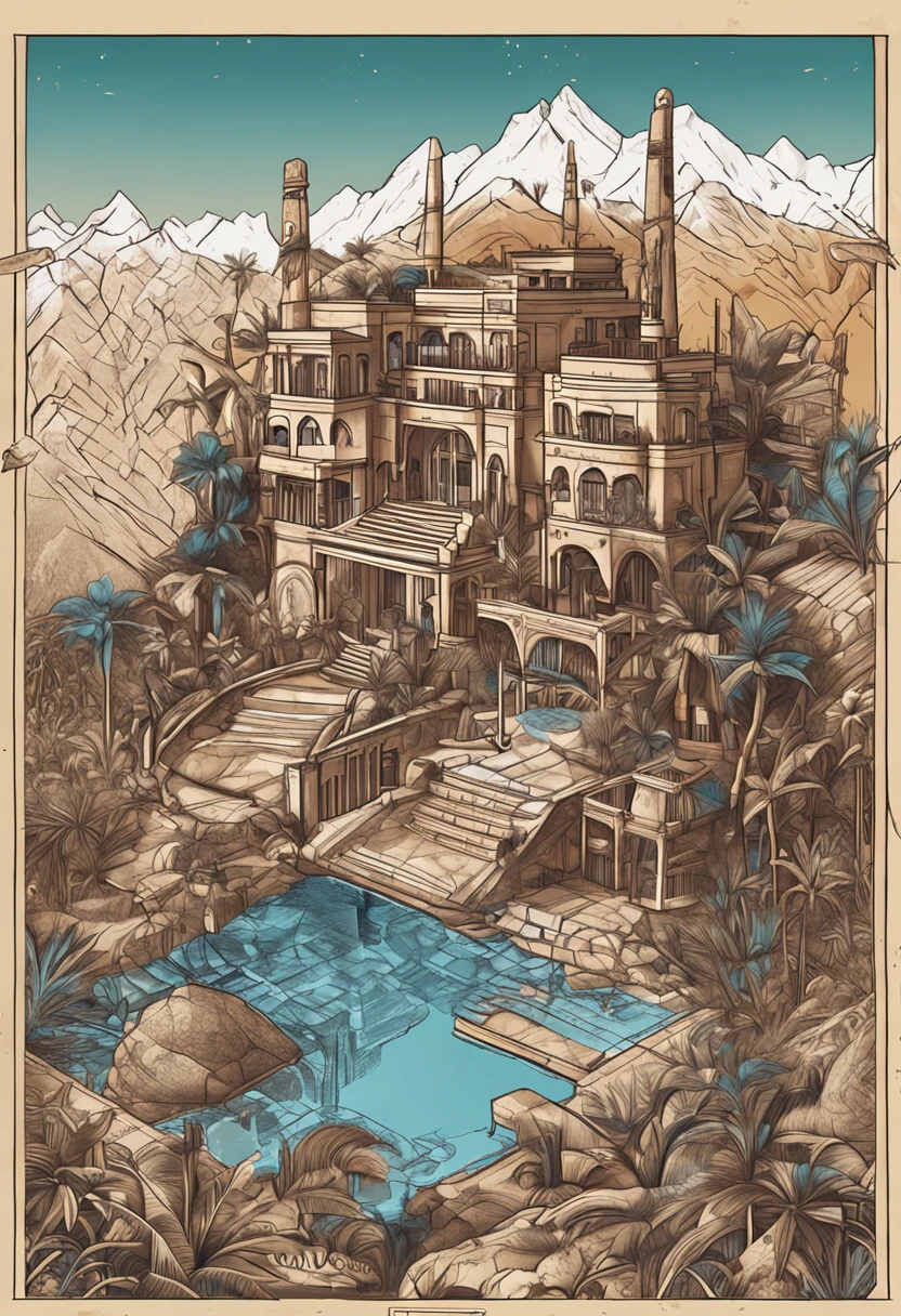 Residential houses,3-storey building,Set against the mountains,Facing the lake,Huge swimming pool,Biological machines:1.3, (Egyptian Thoth:1.2), (coloring:1.2), golds, golds, hans giger, (zentangle:1.2), granulated, extremely detaile, intricately details, Dynamic lighting, Fotorrealista, natural soft light, Low H, tmasterpiece, Detailed 8K