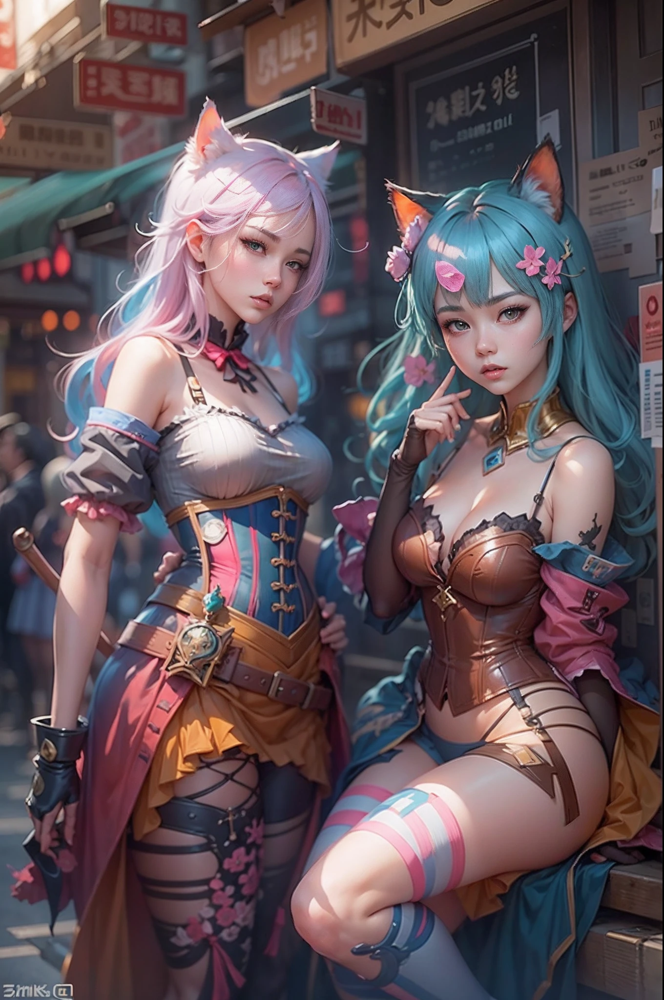 anime - style image of two women with pink and blue hair smal booty dressed in red and blue corset, pose in Akihabara for a foto shooting, wlop and sakimichan, attractive cat girl, artwork in the style of guweiz, fantasy art style, 2. 5 d cgi anime fantasy artwork, fanart best artstation, by Yang J, trending on cgstation, wlop and ross tran, guweiz
