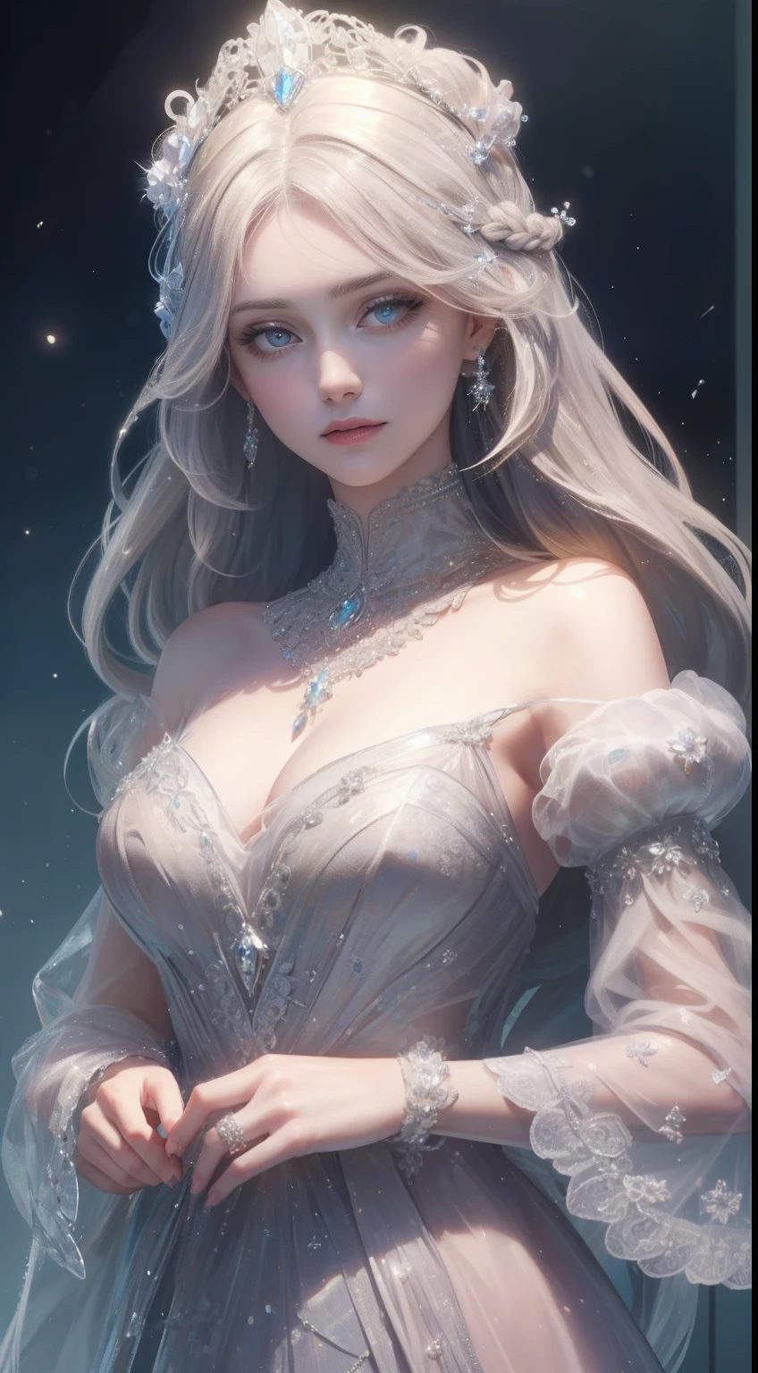 tmasterpiece,Highest high resolution,A bust of a beautiful royal maiden,Delicate braided hair,Coiled hair,Shining clear eyes,The hair is covered with beautiful and delicate floral craftsmanship, crystal、Diamond jewelry filigree,Ultra-detailed details,upscaled,softlighting。
