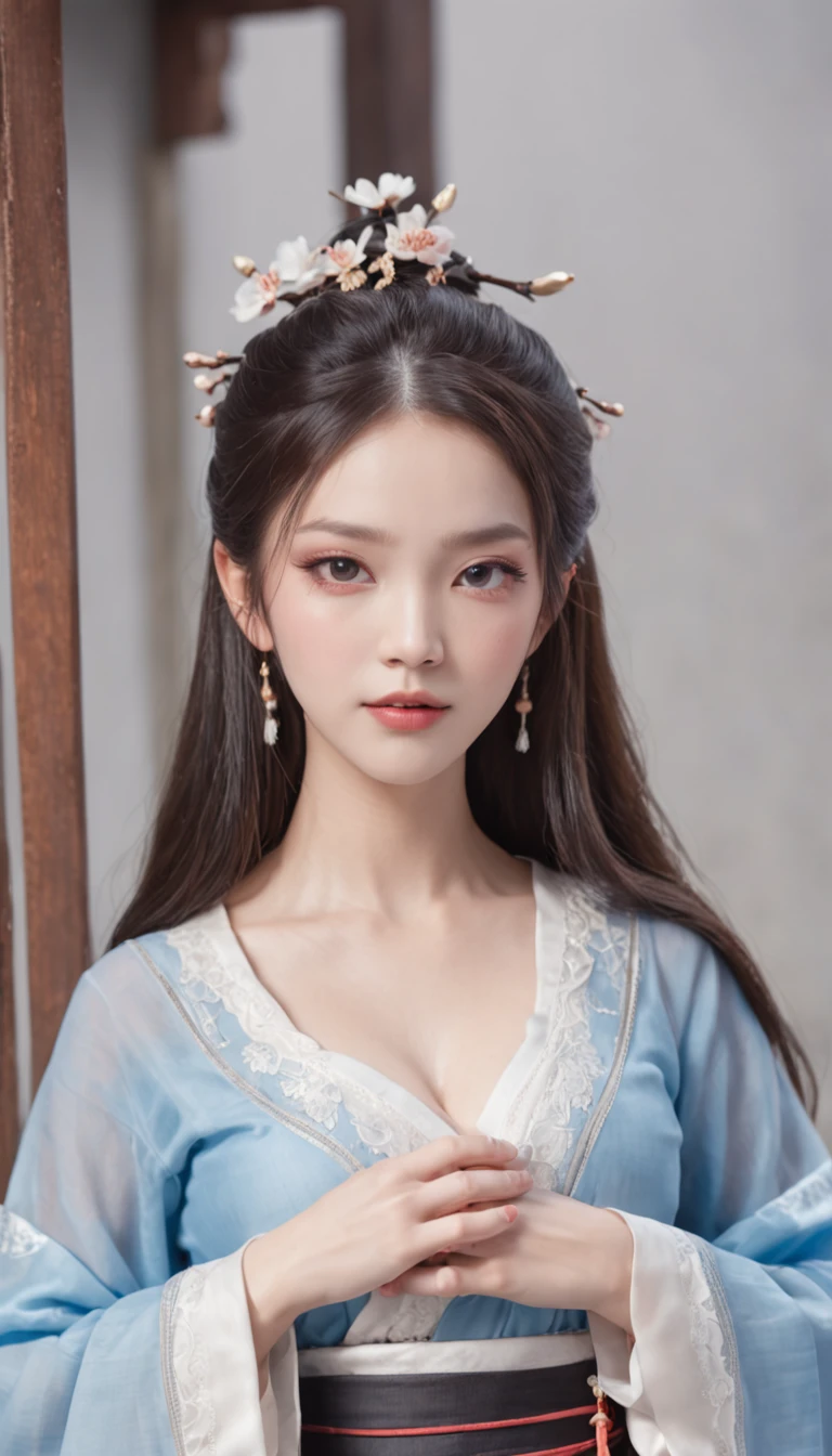 1 beautiful and cute reality show girl, Gentle young girl, Waist length hair, cabelos preto e longos，Slightly blue, Light blue eyes, wearing a long, Thin, a blue dress，Hanfu style, ((a blue dress，White lace border covers the girl's:0.8)), Style Hanfu, Wearing an ancient Chinese silk shirt, Pink and smooth white skin, Wear low-key antiques, Oday, appears shoulders and head in the photo,Cute little face, Eye bags under wet makeup, Plump red lips, Pout, ((Closed mouth:1.0)), Balance incisors, Embarrassed, Small face makeup explained，Tremendously beautiful, Breasts are super round and firm, Breasts are plump，A plump chest， Blum chest cabinet, ((Cover the girl's chest with a camisole inside:1.2)), Blush, From the front side, Wear earrings, choker necklace, From above, view the viewer, Upturned eyes,  Masterpiece, Top quality, Best quality, offcial art, Unity 8k wallpaper, A high resolution, Ultra-high RES, Ultra-detailed, (Photorealistic:1.2), Alone, Solo, only 1girl, Style Hanfu Dunhuang, 10x pixel, Super realistic, Ultra high quality, Full body view of girl,  Seven-doppelganger shot,