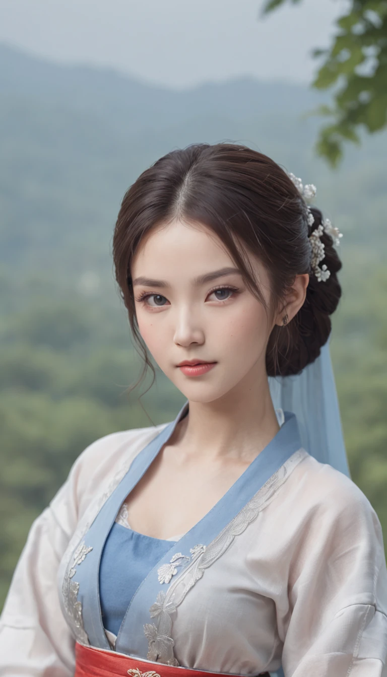 1 beautiful and cute reality show girl, Gentle young girl, Waist length hair, cabelos preto e longos，Slightly blue, Light blue eyes, wearing a long, Thin, a blue dress，Hanfu style, ((a blue dress，White lace border covers the girl's:0.8)), Style Hanfu, Wearing an ancient Chinese silk shirt, Pink and smooth white skin, Wear low-key antiques, Oday, appears shoulders and head in the photo,Cute little face, Eye bags under wet makeup, Plump red lips, Pout, ((Closed mouth:1.0)), Balance incisors, Embarrassed, Small face makeup explained，Tremendously beautiful, Breasts are super round and firm, Breasts are plump，A plump chest， Blum chest cabinet, ((Cover the girl's chest with a camisole inside:1.2)), Blush, From the front side, Wear earrings, choker necklace, From above, view the viewer, Upturned eyes,  Masterpiece, Top quality, Best quality, offcial art, Unity 8k wallpaper, A high resolution, Ultra-high RES, Ultra-detailed, (Photorealistic:1.2), Alone, Solo, only 1girl, Style Hanfu Dunhuang, 10x pixel, Super realistic, Ultra high quality, Full body view of girl,  Seven-doppelganger shot,