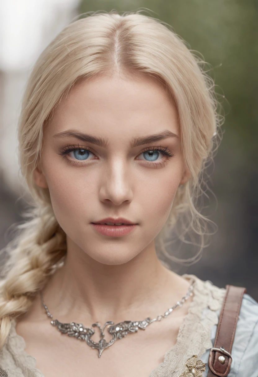 A young German female soldier，blonde with blue eyes，Beauty face，Walk in the run-down city，There was blood and fire all around。