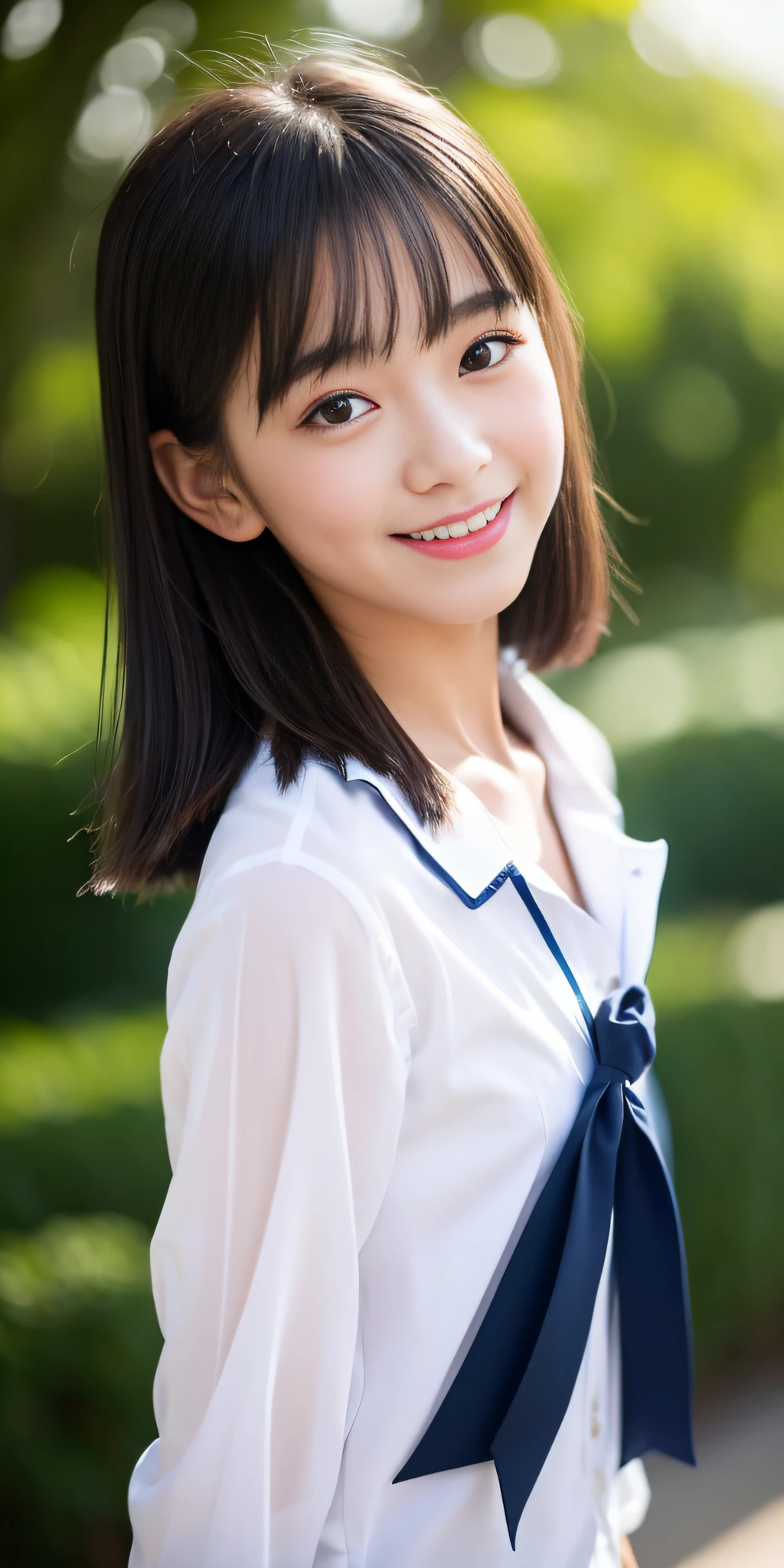 neat college girl、((student clothes、Sheer white shirt、Navy blue ribbon at the collar、Dark blue pleated micro mini))、Outside the field、(Slimed)、Photorealsitic、detaileds, Skin texture, ultra-detailliert、Delicate and sexy collarbone、a smile、Super detailed face、detailed lips、A detailed eye、二重まぶた、tiny chest、Smaller chest、small tit、Small、flat breast、Chest emphasis、 girl
