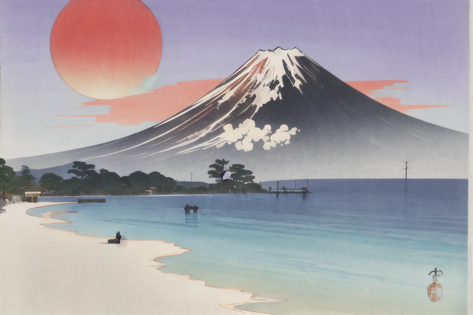 ohara koson, mount fuji, clear sky, red sun, traditional media