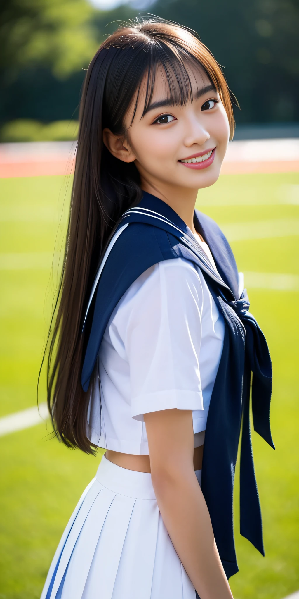 neat college girl, (school uniform, sailor uniform, ribbon tied at chest, summer clothes, upper body white, skirt dark blue, short sleeves), outside the athletic field, (slim), photorealistic, detail, skin texture, ultra detail, delicate and sexy collarbone, smile, super detailed face, detailed lips, detailed eyes, double eyelids, small breasts, small breasts, small, flat breasts, breast emphasis