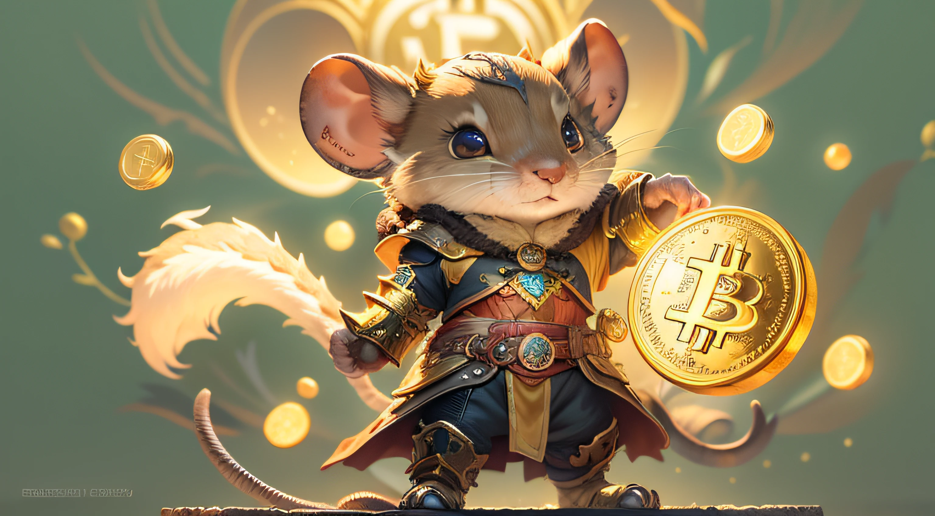 Cute rat, Mage image, standing on your feet, Two-handed flaming electric light, flying bitcoin gold coin figurine Wearing gold and black armor, Fur fantasy art, high detail , cinematic light, god ray, UHD, high resolution