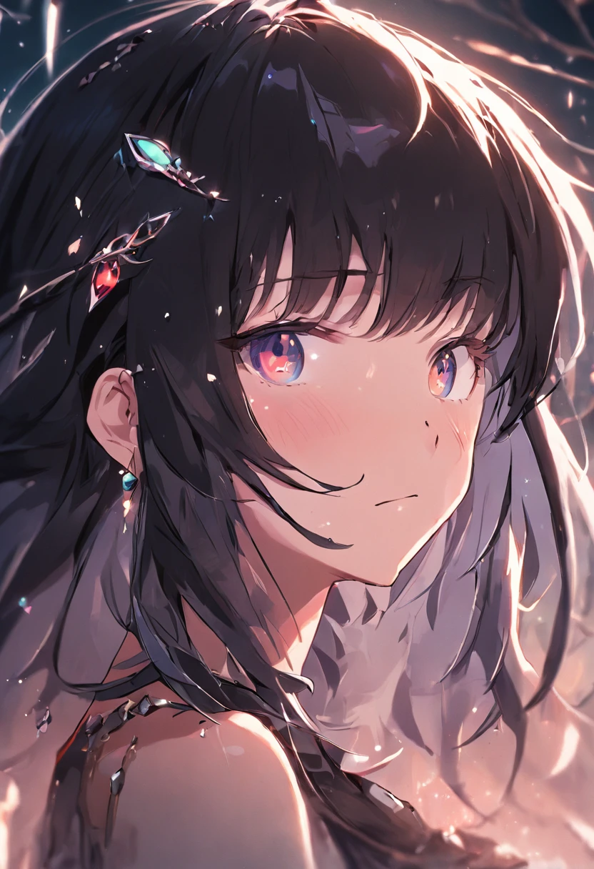 black hair, wince, longeyelashes, light smile, jeweled branch of hourai, makeup, parted lips, mole under eye, drop shadow, Cubist Futurism, 8k, super detail, ccurate, best quality