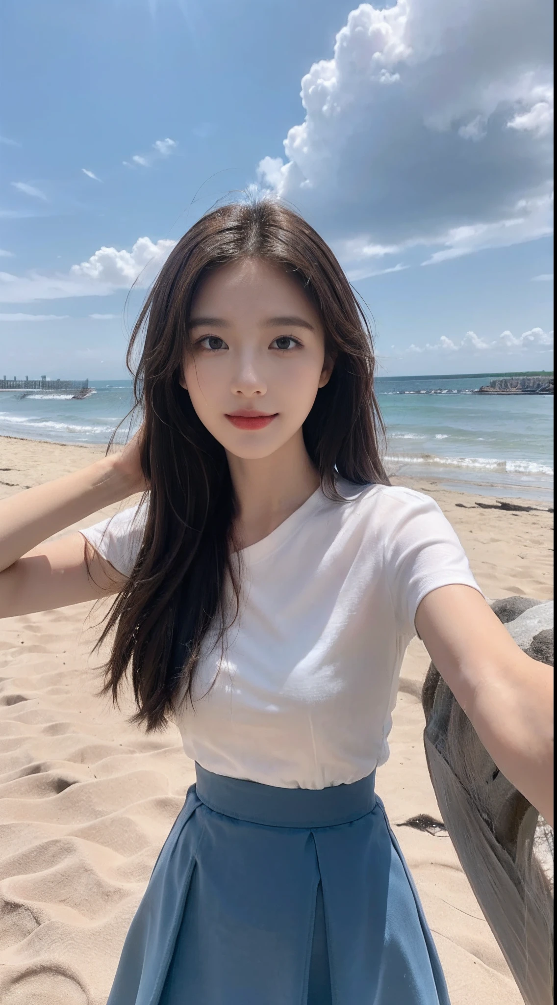 ((Best picture quality, 8K, tmasterpiece: 1.3)), self-shot, Sharp focus: 1.2, A cute beauty with a perfect figure: 1.4, Slim, ((Brown hair black)) , (whitet-shirt，pleatedskirt，Highly detailed face，Happy expression，standing on your feet：1.2），（（with blue sky and white clouds，Beach by the sea：1.3. Produced with a major focus on women）），Highly detailed facial and skin texture，Detailed eyes，二重まぶた