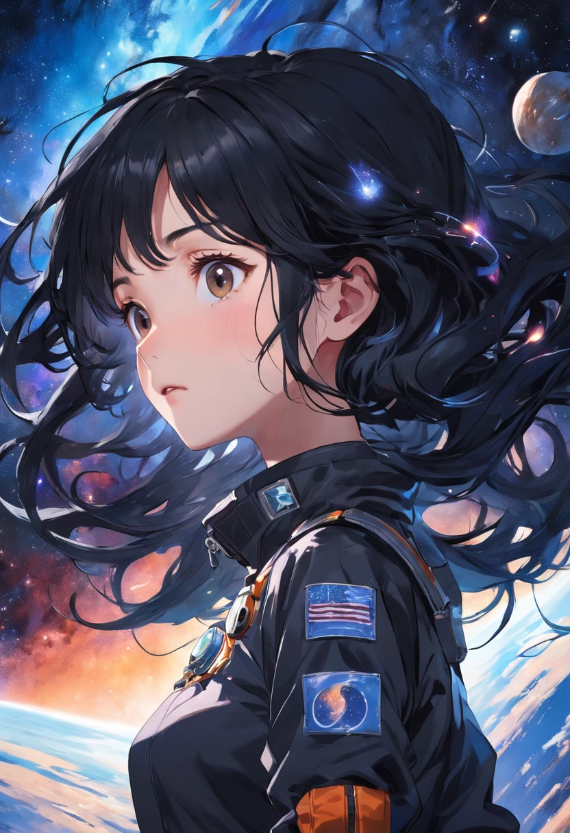 Portrait of a young woman with black hair in zero gravity, The background of the Milky Way and the supermassive black hole as the background