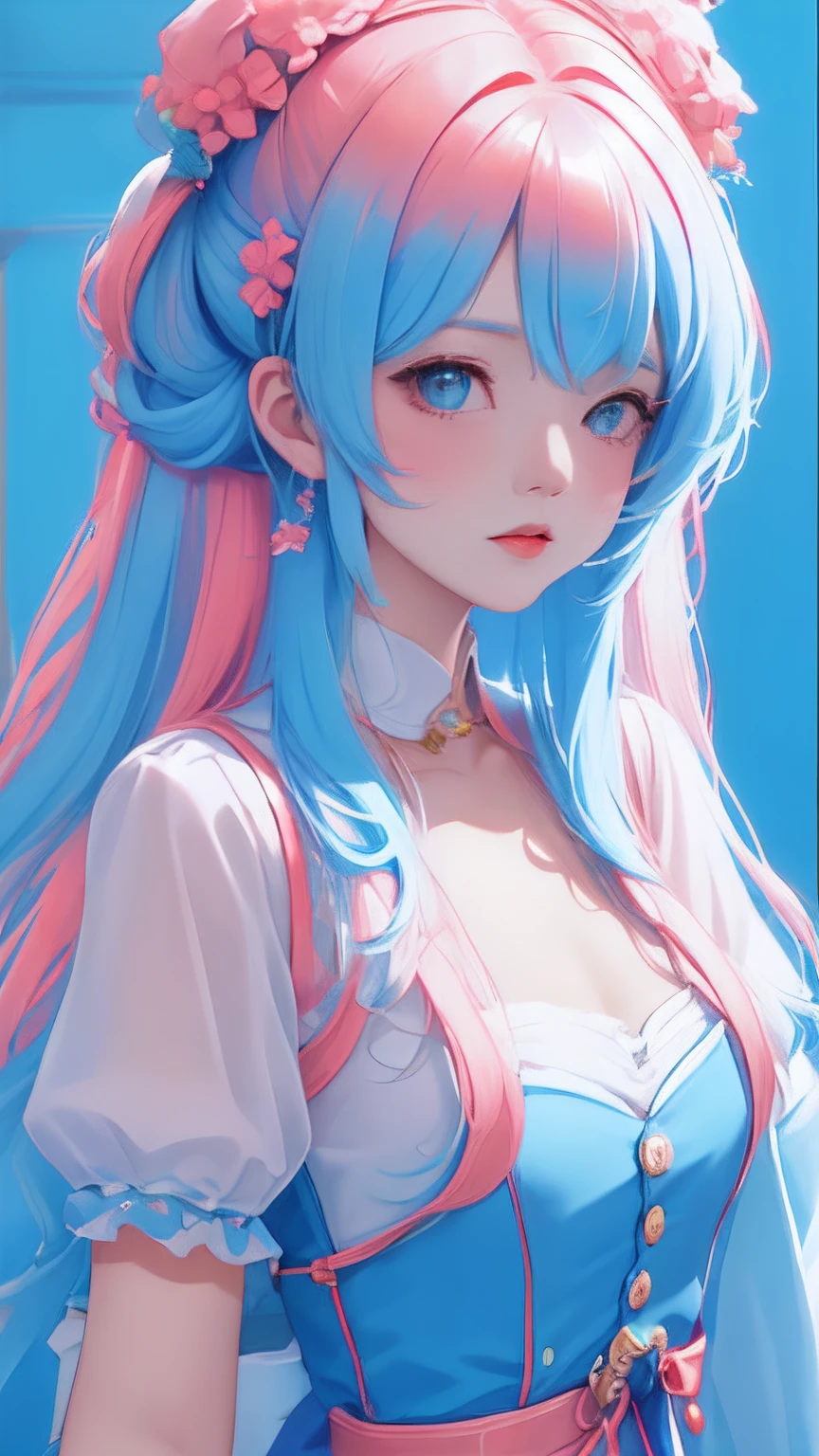 Campus goddess,Bust photo,blue colors,In pink,red colour,golden colored,clean backdrop