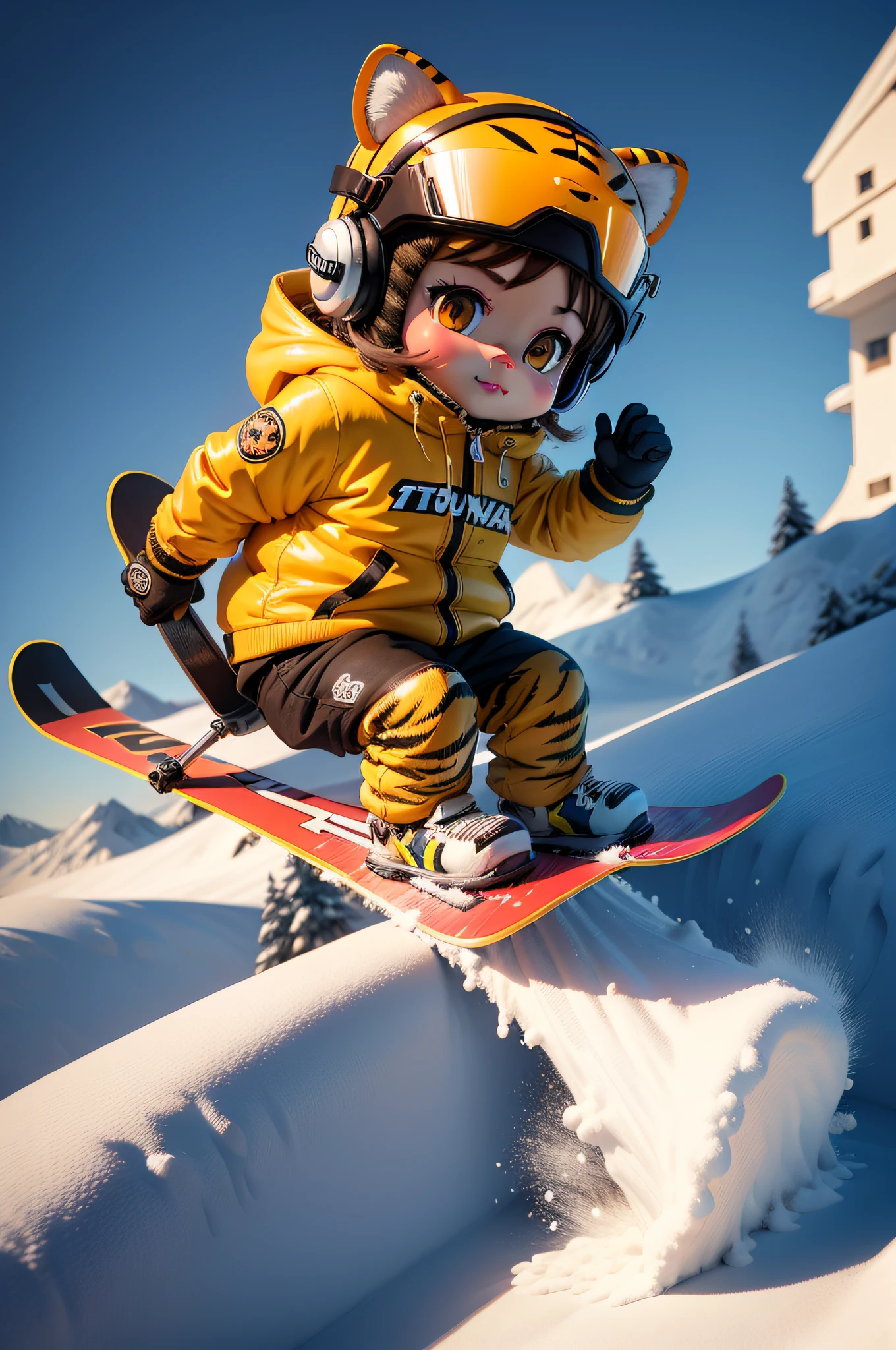 Cartoon tiger skiing,Skis under your feet,dyna,Wearing a tiger jacket and yellow headphones, no gradien, Cute detailed digital art, Cute tiger, adorable digital art, advanced digital chibi art, Baby Tiger,,3D illustration, 3d illustrations, childrens art in artstation, an animated character, Cute cartoon character, cute artwork, Cartoon Cute, cute character