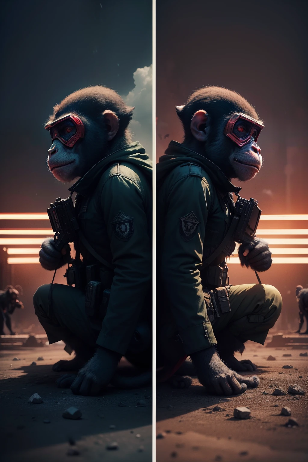 combat state,monkeys,surrealism, shadowing, anaglyph, stereograms, tachi-e, angle of view, Atmospheric perspective, 8K, ccurate, Best quality, Super detail