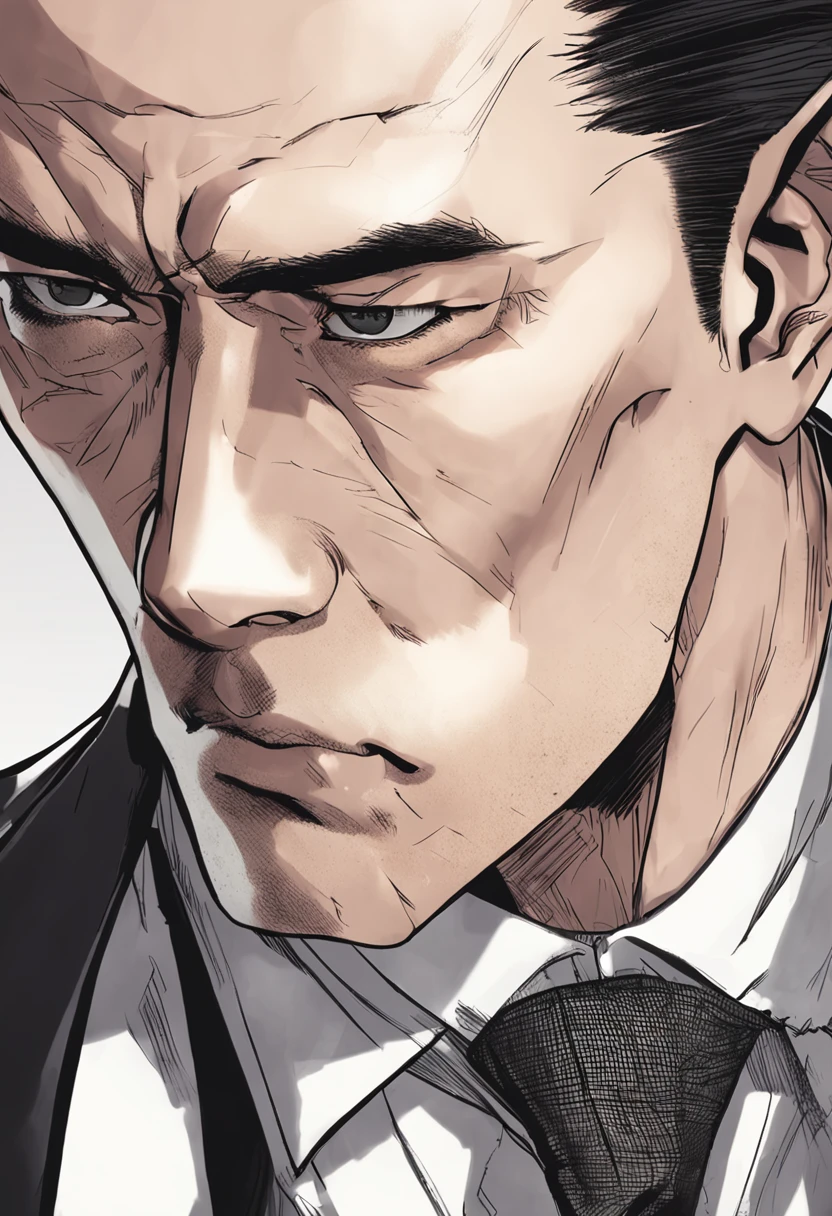 a portrait photo of, Wallace Huo and TOP BigBang mix headshot as a weathered 40-year-old man, ugliness, Hideous, lanyard, broad shoulder, well built, rugged, short copper black-colored hair, Hair tied in a loose ponytail, Widow's peak,Whole body muscles ,Confident expression, intense stare, full bodyesbian,Beardless, dresses polite, wear a vest and a tie , full body in picture