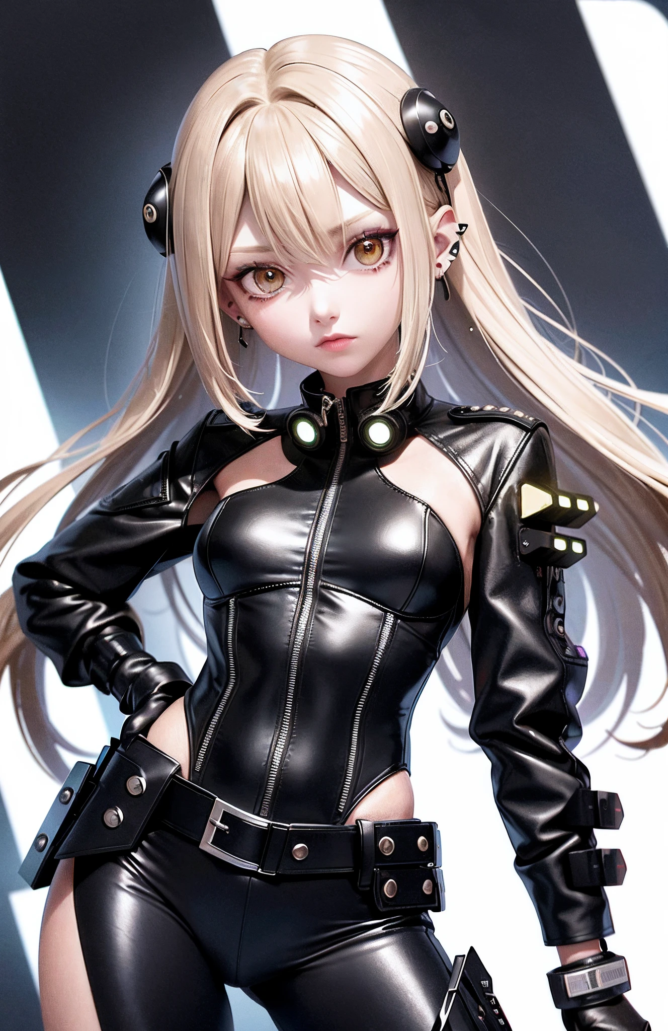 optimum,tmasterpiece,A high resolution,best qualtiy,hyper HD,super detailing,Award-Awarded,16k,独奏,((The upper part of the body)),((Bust)),anatomy correct,Beautiful cyberpunk girl,cute face,,Gradient Beige Hair,Hairline,((Dark golden eyes)),long eyelasher,Hanging eye corners,White skin of the,(small boobs),(Slim body),((Women's extra short shawl leather jacket)),((goth style,bikesuit)),(()),ear studs,(Neck strap),(Laser material clothing:1.2)