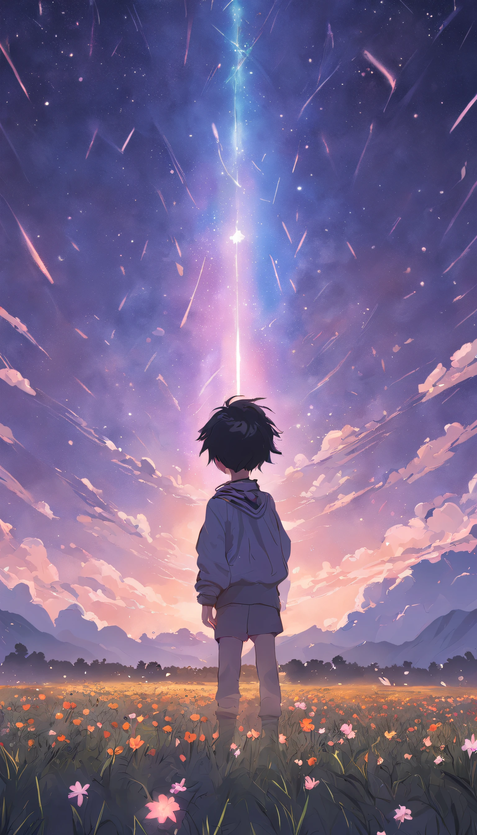 Expansive landscape photograph,(look from down,Above is the sky,Below are open fields),A little boy standing on a flower field looking up,(moon full:1.2),(meteors:0.9),(Starcloud:1.3),Far Mountain, Tree BREAK making art,(Warm light source:1.2),(glowworm:1.2),lamp lights,Lots of purple and orange,Complicated details,Volumetric lighting BREAK(tmasterpiece:1.2),(best qualtiy),4K,ultra - detailed,(dynamic compositions:1.4),detail-rich,plethora of colors,(Irridescent color:1.2),(with light glowing,Atmospheric lighting),dream magical,magical,(独奏:1.2