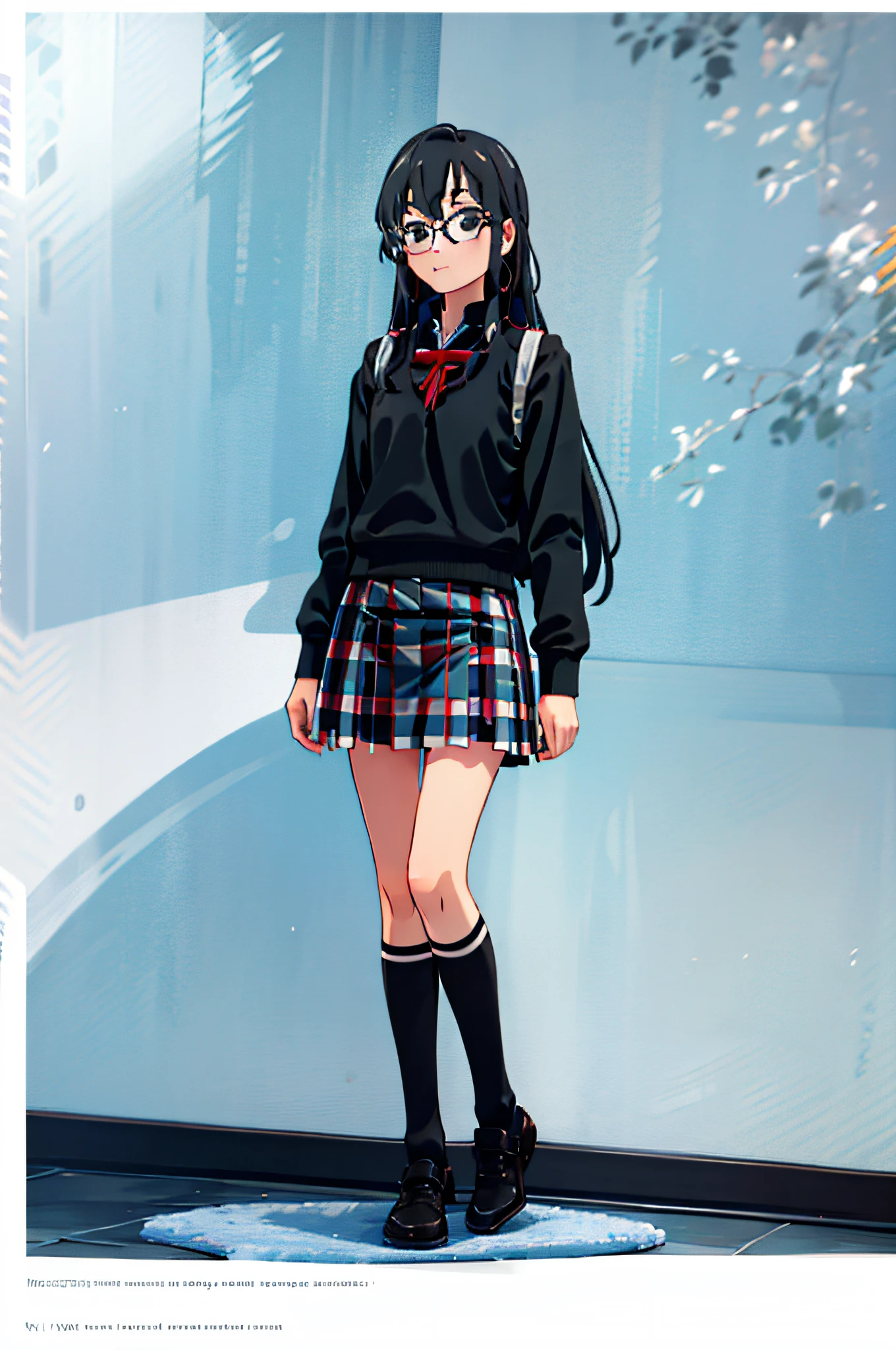 wears glasses,solo person,on the campus,a skirt,standing on your feet,Normal human proportions,Pose cute poss