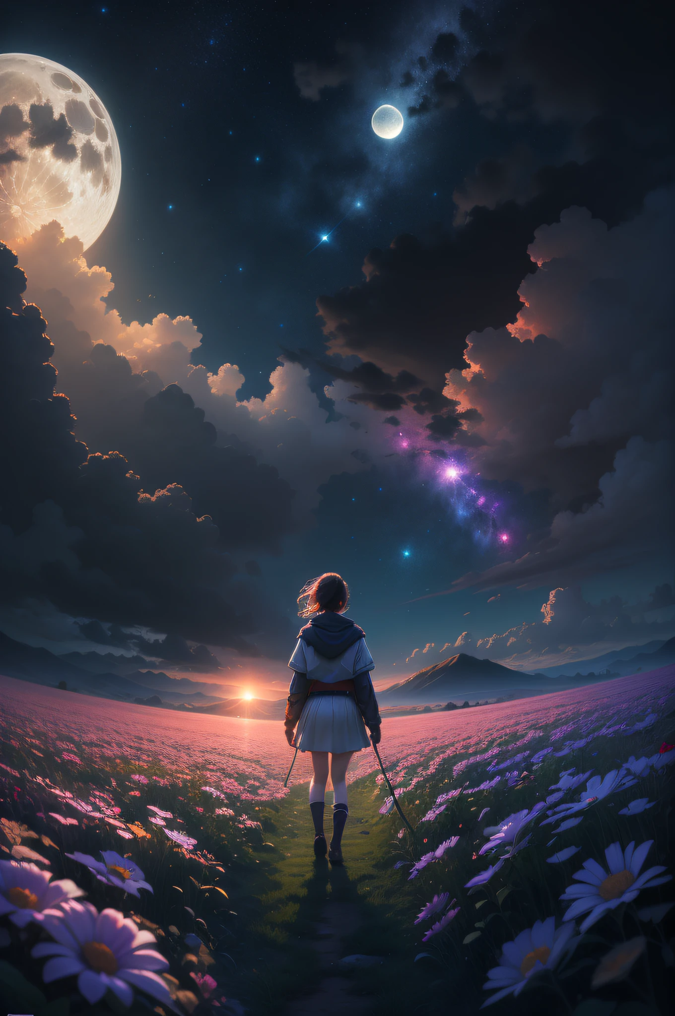 A wide landscape photo, (viewed from below, the sky is above, and the open field is below), a girl standing on a flower field looking up, (full moon: 1.2), (meteor: 0.9), (nebula: 1.3), distant mountains , Trees BREAK Crafting Art, (Warm Light: 1.2), (Firefly: 1.2), Lights, Lots of Purple and Orange, Intricate Details, Volumetric Lighting BREAK (Masterpiece: 1.2), (Best Quality), 4k, Ultra Detailed, (Dynamic Composition: 1.4), Rich in Detail and Color, (Rainbow Color: 1.2), (Glow, Atmospheric Lighting), Dreamy, Magical, (Solo: 1.2)