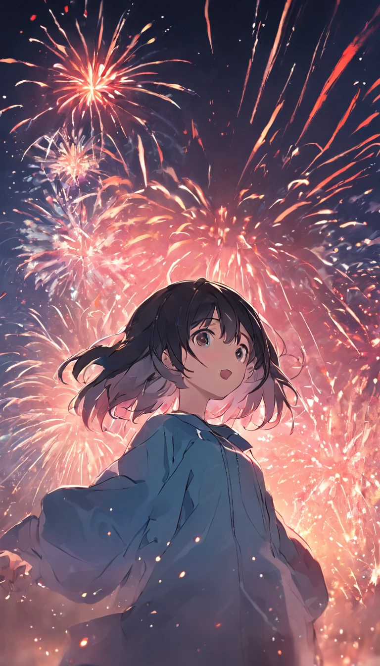 1girll,sideface,Sideways, Expose the whole body,Nice face,red pupils,Gray-black hair,Fireworks in bloom,Colorful fireworks,fire works,daysies,Floating in the sky,brightly,cheerfulness,Warm and soft lighting,early evening,Blue,light cloud,Bar cloud