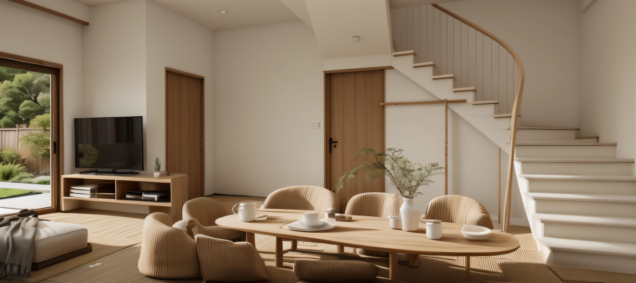 (JAPAN Livingroom:1.2), (actual photo:1.2), daylight, Unreal Engineer 8K, full HD 8K, cinema light, warm light, dining table and chairs, minimalistic and beautiful, deep colors with minimalism, cream color and white color scheme, clean, simple lines, modern neo-traditional minimalism, brown and white color scheme, modern neutral earth colors, elegant and sophisticated, Scandinavian design, Japanese design. Minimalist color palette, mostly white, wooden floors. 1 stairs with bay arm, 1 TV shelf.