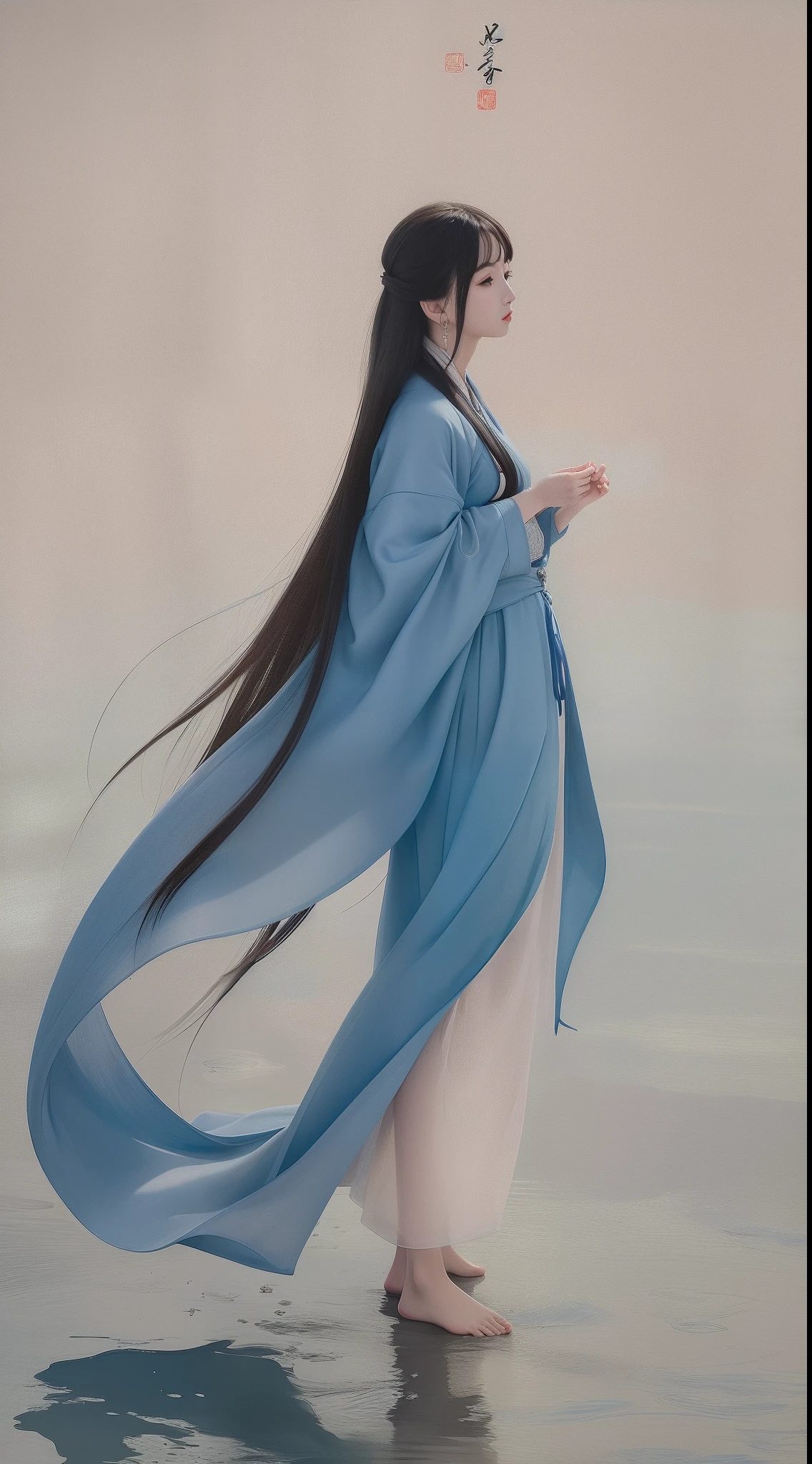(4K,tmasterpiece,Best Picture Quality),Ink wind,Traditional chinese painting,lotuses,Hanfu,long skirt,conservative dress,solo person,blue long hair,ssmile,standing on your feet,feet in water,The barefoot。