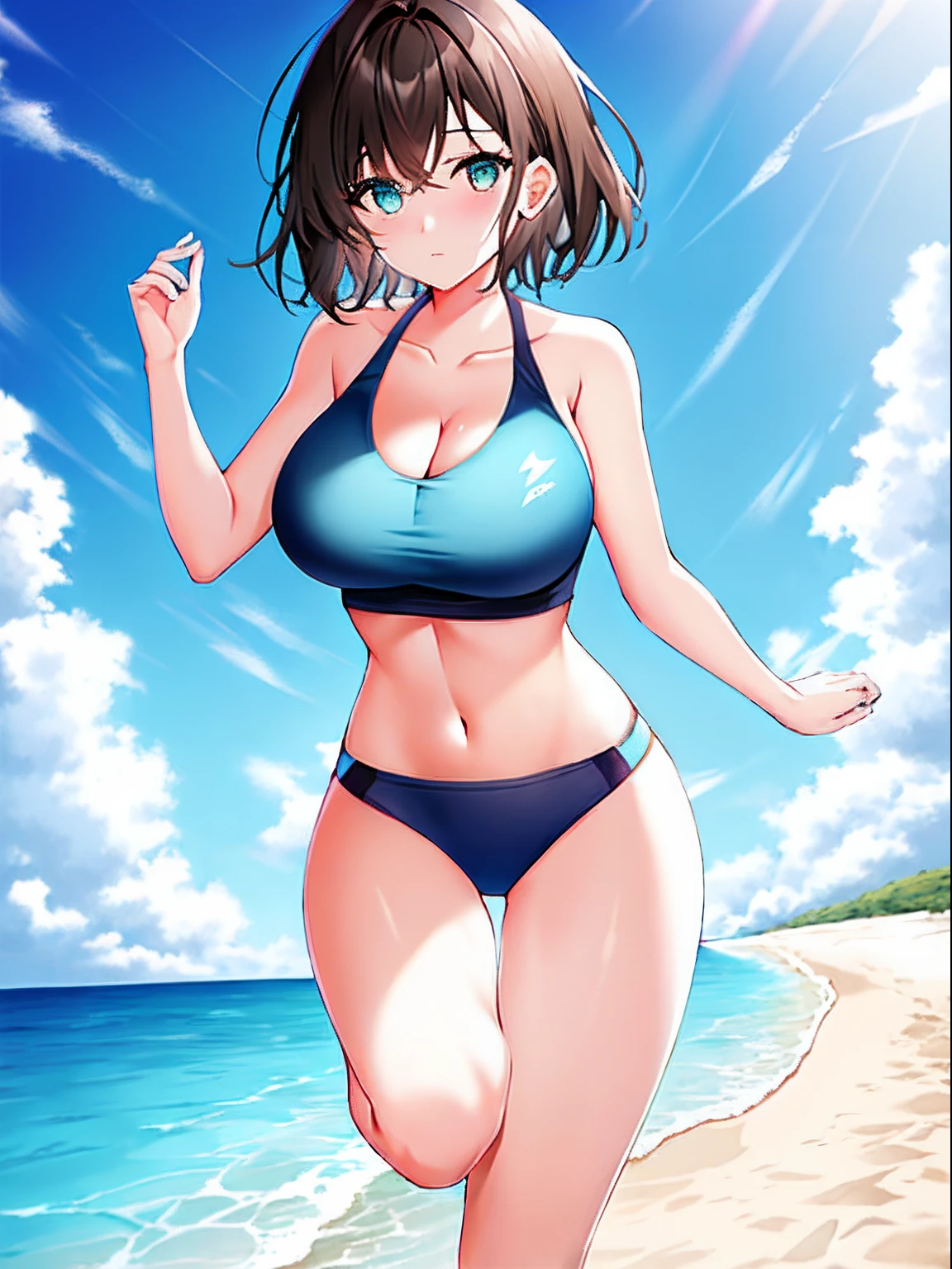 {{Beautiful girl running on deserted sandy beach in very revealing athletic clothes}}{Stylish body、large full breasts、Bare arms、Navel is visible、bare thigh、Bare neck、A dark-haired、Dark hair、Short hair、Shorthair、cyan eyes、Face that perseveres}{is standing、mare、hightquality、Detailed body}