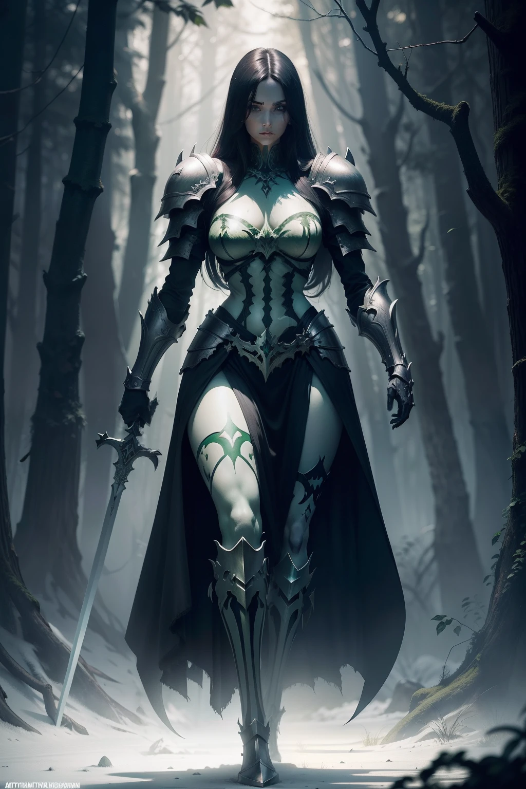 Death in a dark forest with a green sword and armor, but not a skeleton, in full height, artgerm