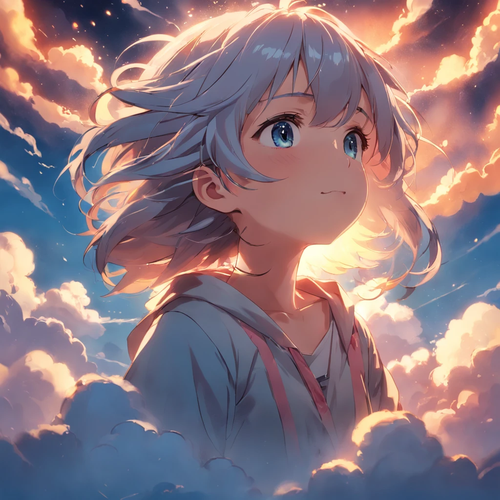 masterpiece, best quality, movie still, 1girl, cloud girl, floating in the sky, close-up, bright, happy, warm soft lighting, sunset, (sparks:0.7)