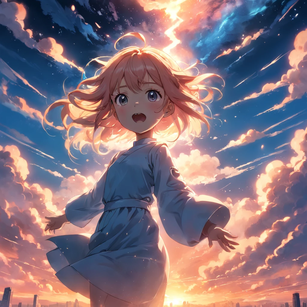 masterpiece, best quality, movie still, 1girl, cloud girl, floating in the sky, close-up, bright, happy, warm soft lighting, sunset, (sparks:0.7)