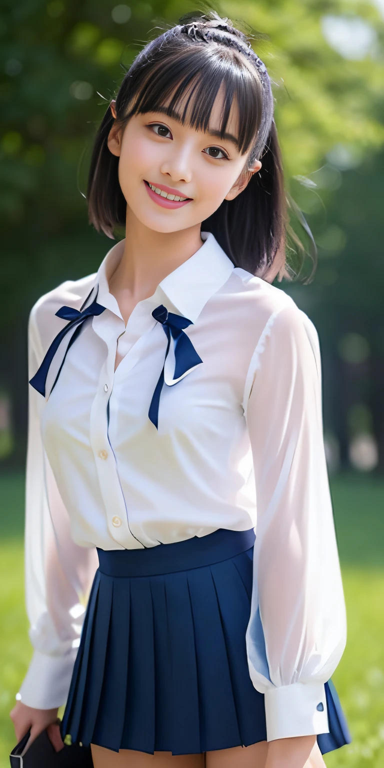 neat college girl、petite person、((The whole body is shown、Sheer white shirt、Navy blue ribbon at the collar、Dark blue pleated micro mini))、Outside the field、(Slimed、small tit、flat boobs、small boobs)、Photorealsitic、detaileds, Skin texture, ultra-detailliert、Delicate and sexy collarbone、a smile、Super detailed face、detailed lips、A detailed eye、二重まぶた