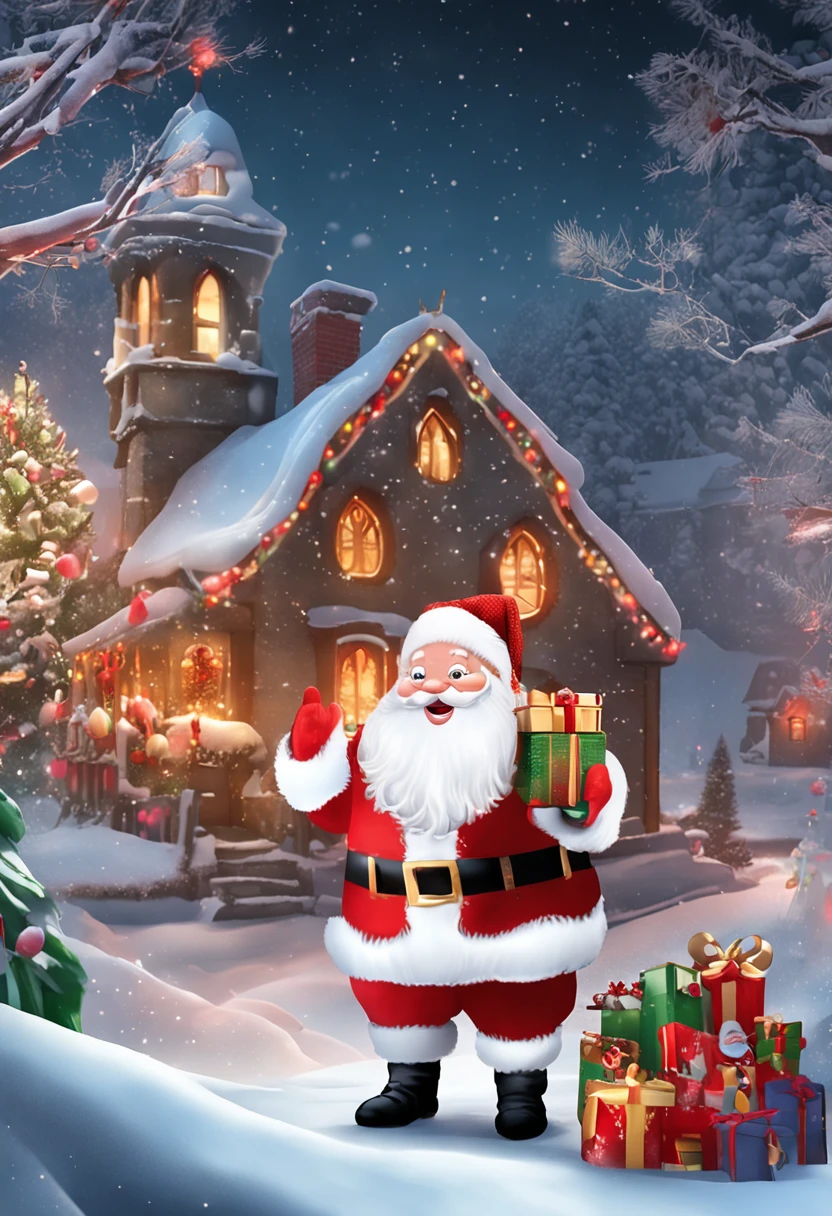 Imagine that,This Santa Claus poster is full of joy and warmth。Santa Claus is portrayed vividly,He wears a red coat、Red hat and white beard,Holding a bag full of gifts。
The background is a snow-white winter landscape,Snowflakes fall on lovely cottages in the forest,The interior of the house emits a warm glow through the light from the windows。The pine trees next to the cottage are covered with shining lights and Christmas decorations,Make the whole scene more dazzling。
There is also a group of happy children in the picture,They are looking forward to the arrival of Santa Claus。They wear brightly colored clothes,With a smile on your face,Christmas stockings and gift box in hand。
The whole poster gives warmth、Feelings of joy and well-being,As if the magic of Christmas accompanied the arrival of Santa Claus,It brings endless joy and blessings to people。