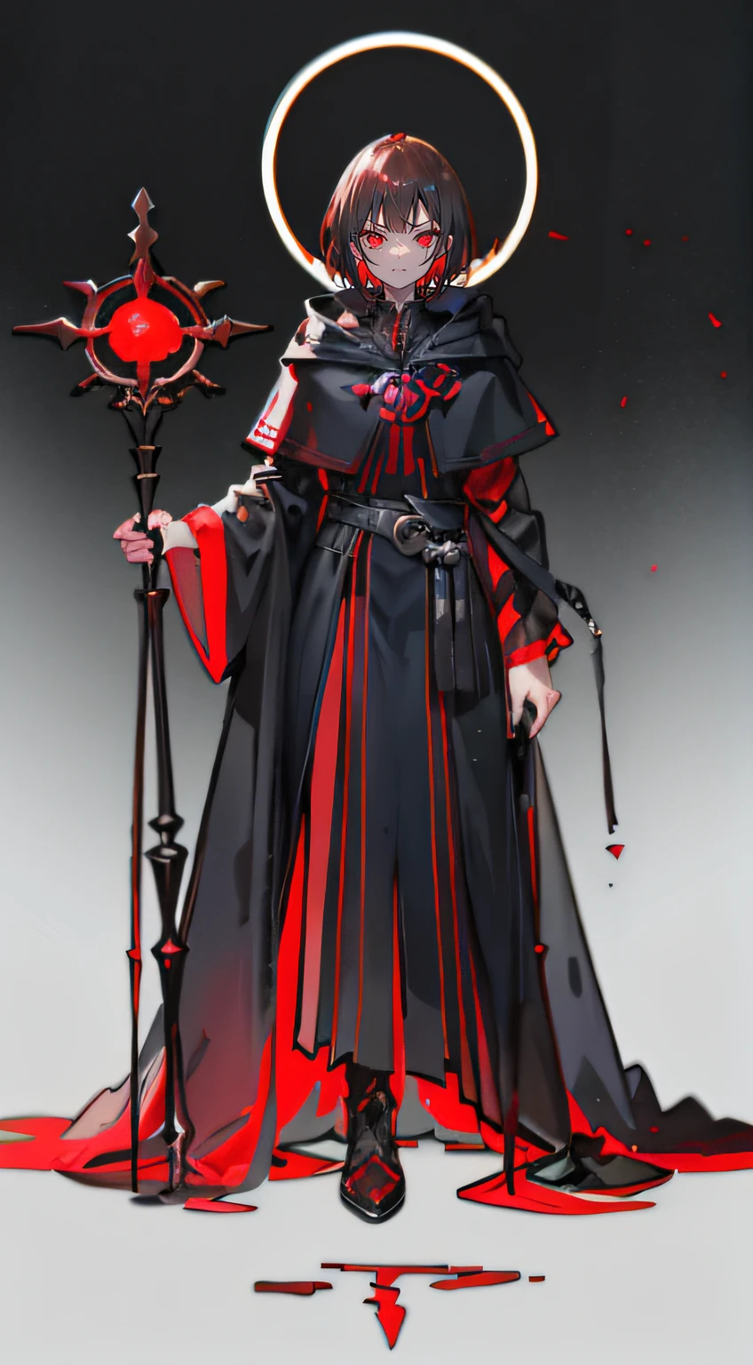 A young man,Crazy expression,red - eyed,brunette color hair,short detailed hair,black toga,hooding,Long staff,suns,Eclipse,French formation,altar,Great mantra,casting spells,villain,Black gas,big laughter,frenzied,Law ball,Blood sacrifice,altar,darkly,standing on your feet,Dangling,dead body,exteriors,dark wizard,looking to the camera,laughingly,Up to no good,The eye,Feet