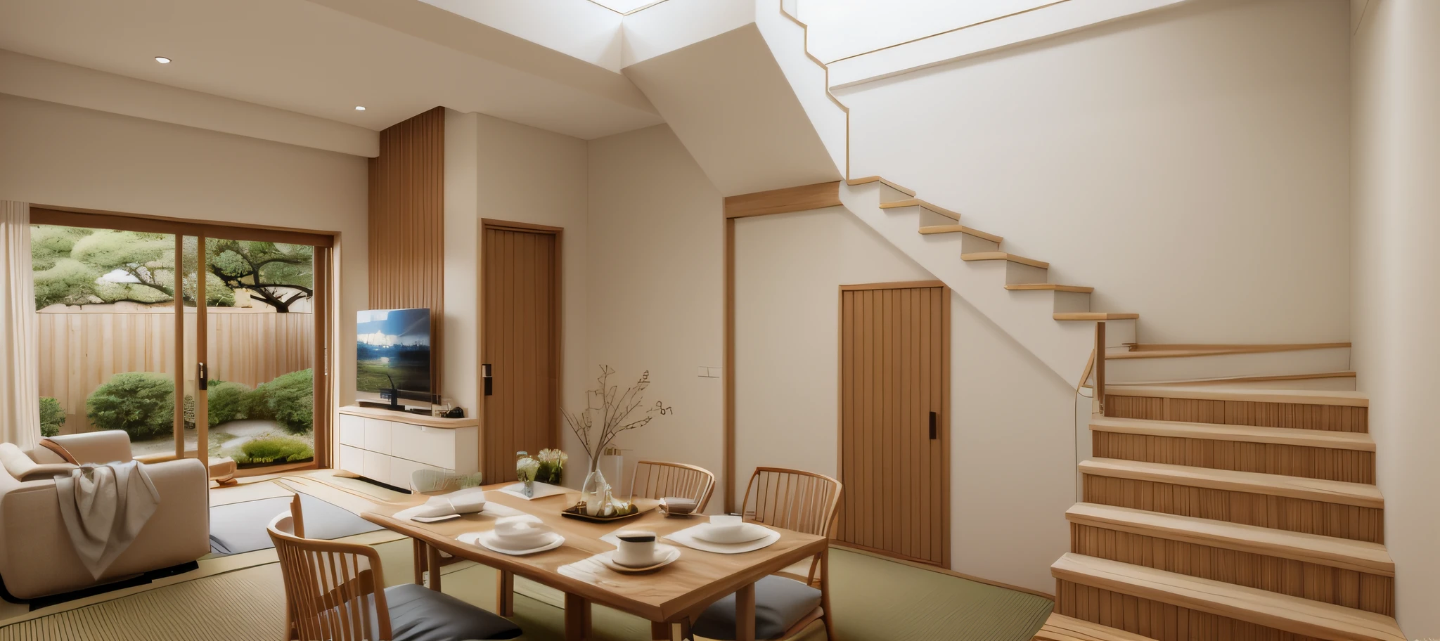 (JAPAN Livingroom:1.2), (actual photo:1.2), daylight, Unreal Engineer 8K, full HD 8K, cinema light, warm light, dining table and chairs, minimalistic and beautiful, deep colors with minimalism, cream color and white color scheme, clean, simple lines, modern neo-traditional minimalism, brown and white color scheme, modern neutral earth colors, elegant and sophisticated, Scandinavian design, Japanese design. Minimalist color palette, mostly white, wooden floors