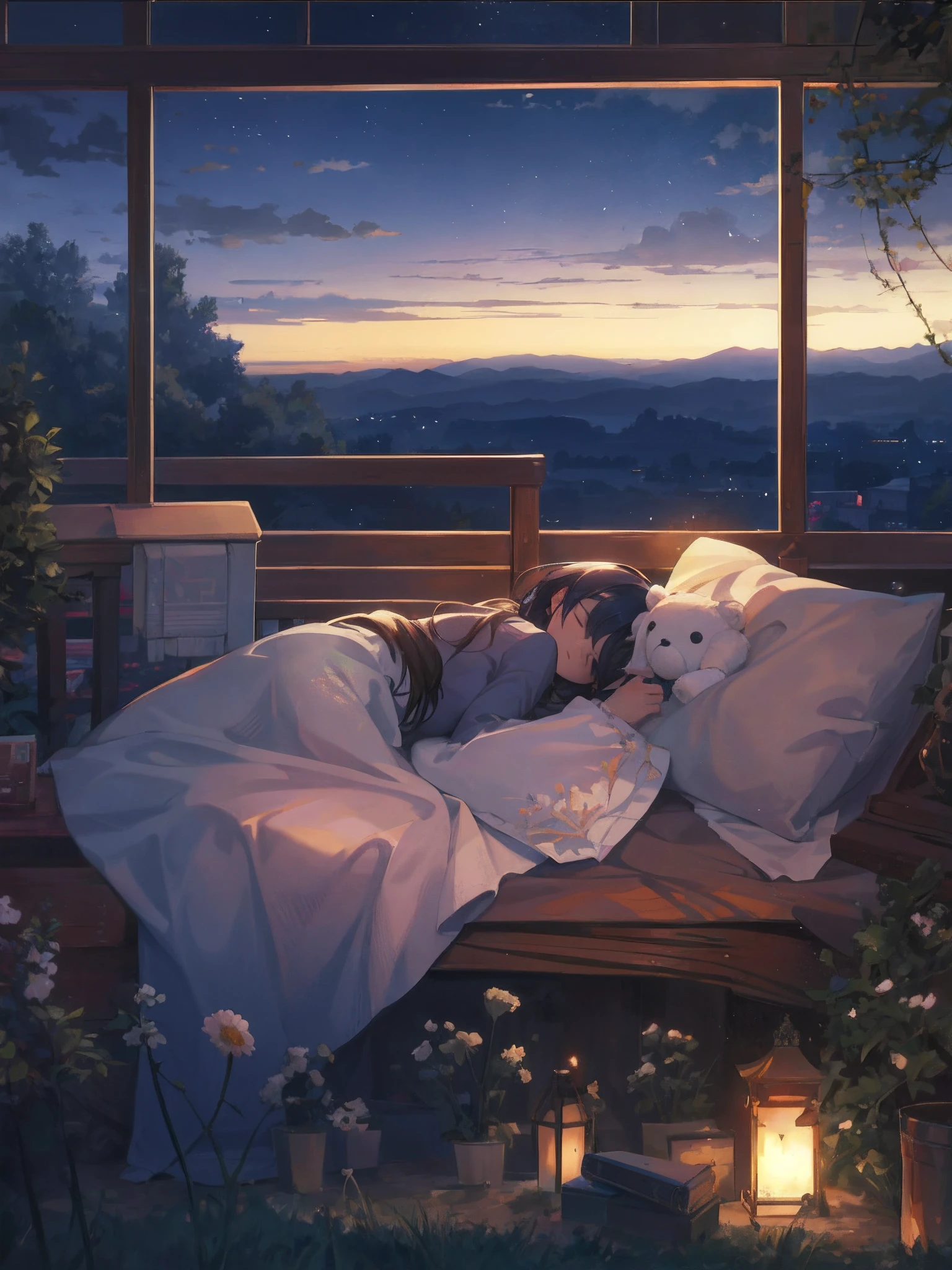 There was a woman sleeping in bed,With his eyes closed,There is a teddy bear on it, calm evening. Digital illustration, ( ( Makoto Shinkai ) ), anime beautiful peace scene, Anime background art, Makoto Shinkai Cyril Rolando, dreamy scenes, in the style of makoto shinkai, watching the sunset. anime big breast, dreamy night, Guviz-style artwork