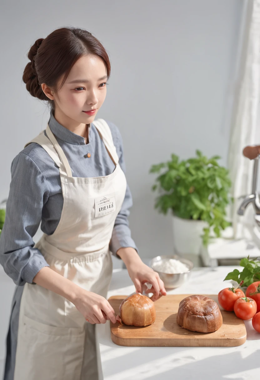 kitchin、a woman is cooking、White vest、White Apron、long trousers、Hold the pot with your left hand、touch your head with your right hand、Background windows let in light、Sunnyday、Background Kitchen Water Practice、Fluency、small tit、Cute smile、horse tails、Bright environment、Bust、4K、hight resolution、tmasterpiece、top-quality
