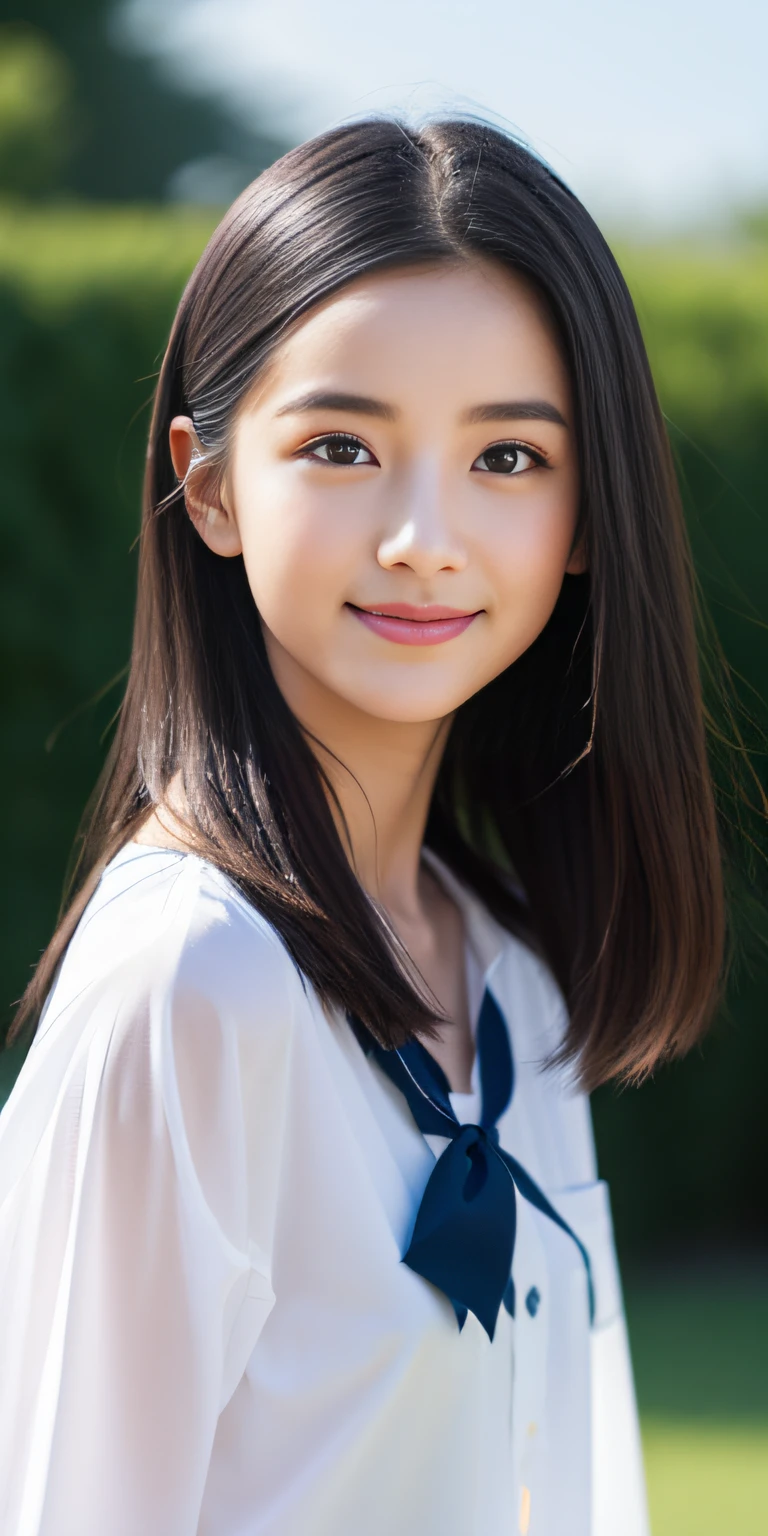 (((upper body shot))),Ultra-high resolution,big eyes,((brown eyes)),Japanese,(forehead),(a girl),(1 girl),(()),(cute),pretty,((facing at viewer)),arms behind back,grin,(((black school sailor uniform))),pleated skirt,(((disney land)))