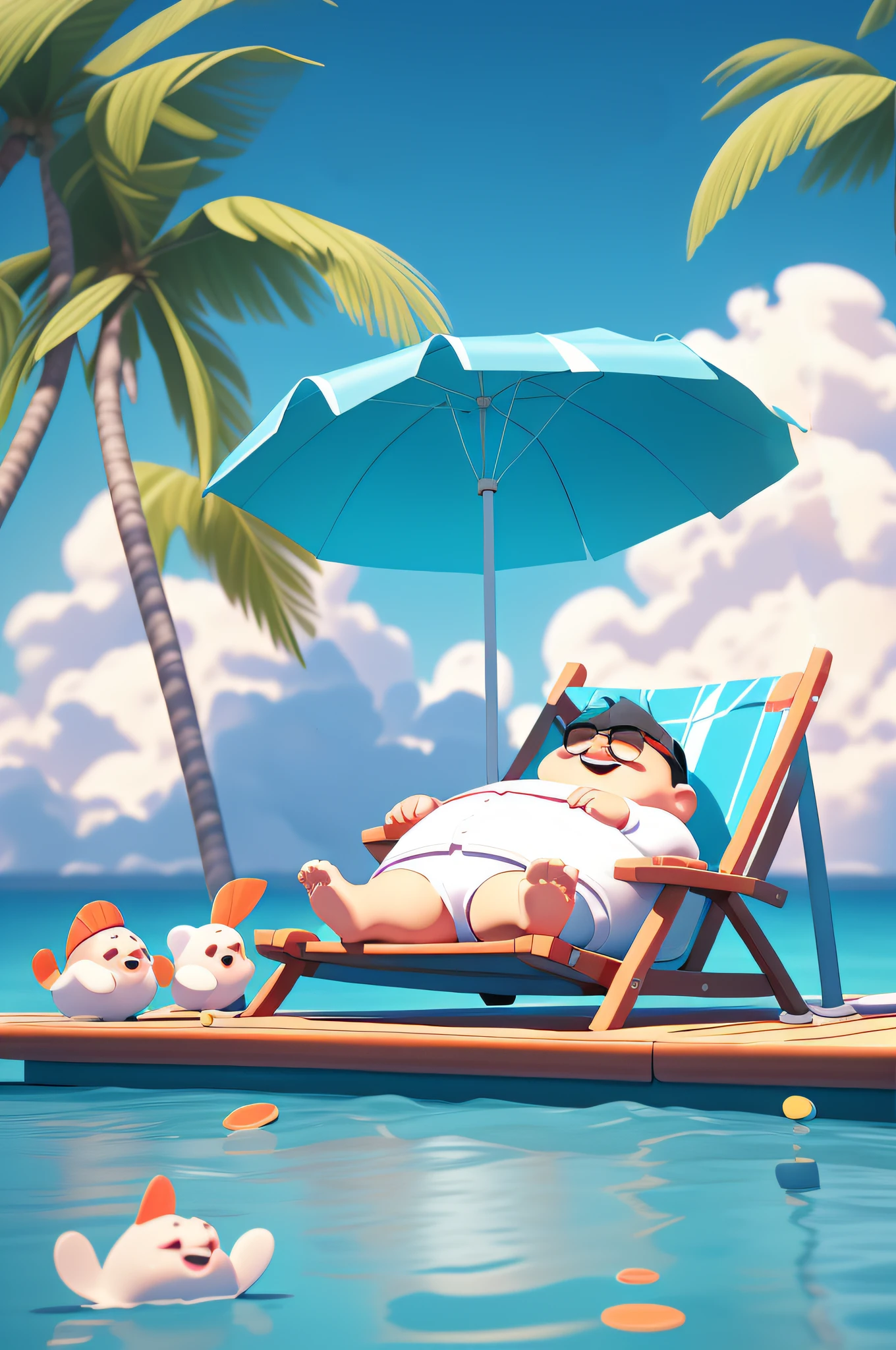 Cartoon illustration of a man relaxing on a deck chair on the beach, Relaxing concept art, Sunbathing. illustration, relaxing on the beach, cyril rolando and goro fujita, relaxing at the beach, atey ghailan 8 k, Guviz-style artwork, Rosla global lighting, lovely digital painting, Cute detailed digital art