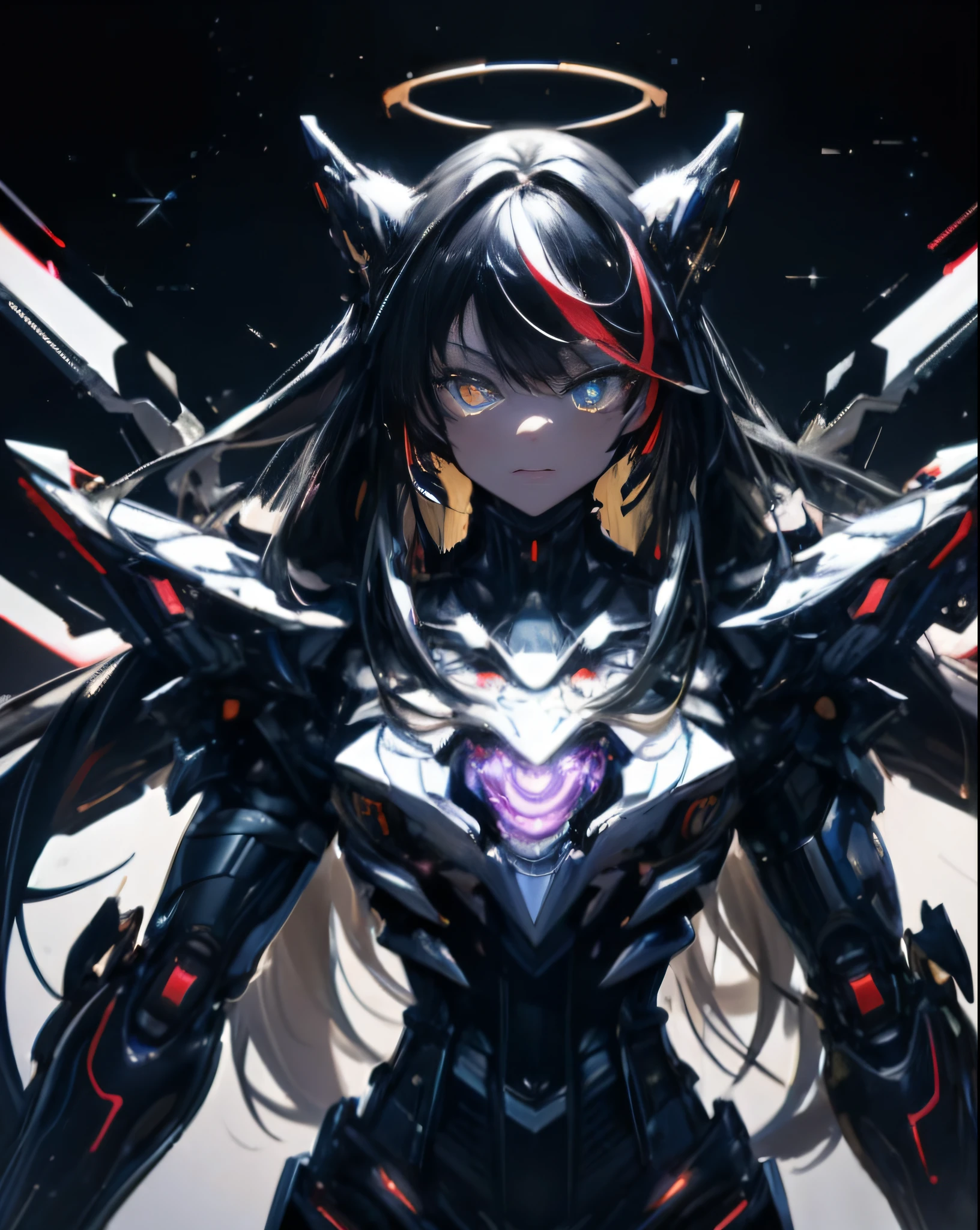 ​masterpiece、top-quality、ultra-detailliert、very detailed illustration、ighly detailed、intricate-detail、hight resolution、super complex details、Highly detailed 8k CG wallpapers、cowboy  shot、Caustics、Reflectors、Ray traching、demontheme、nebulas、dark aura、Cyber Effects、(1girl in:1.4)、独奏、Alone、mecha musume、Mechanical parts、Robot Joint、Single mechanical arm、head gear、Mechanical halo、Star Hello、Complex mechanical bodysuit、mecha corset、kimono、 full armor、Very long hair、A dark-haired、hair between eye、O cabelo multicolorido、Color inner hair、verd s eyes、radiant eyes、Eye trajectory、Random expression、Random actions、starrysky、sky line、((​masterpiece))、absurderes、nffsw、(Classic Headshot Pose)、cyberpunkcity、​masterpiece、hight resolution、A detailed、