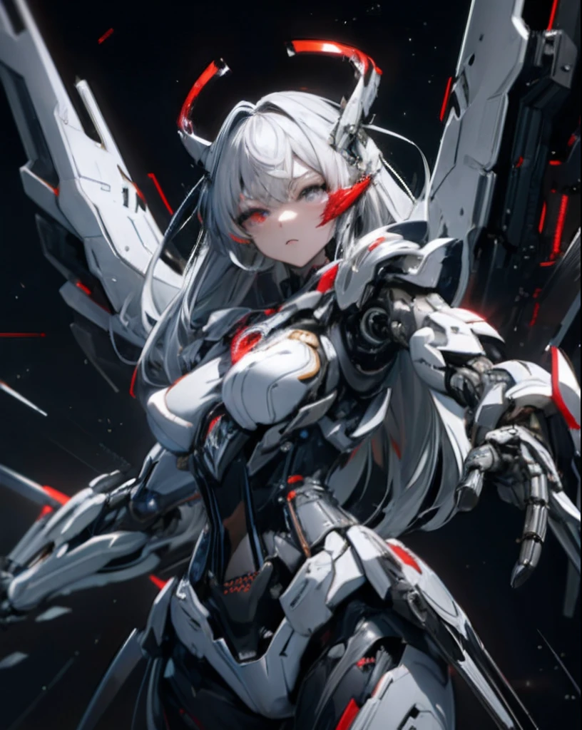 ((Cyberpunk women images))，raise one's arms high:1.4、armpits,,(masterpiece:1.4, highest quality, Dutch Angle)(One Girl, alone)（Gray hair that changes with light、Smooth and straight hair、WHITE hair fluttering in the wind）、（beautiful, Glowing Skin、Cheek Gloss Highlighter、Sexy and very beautiful and adorable face、The most beautiful face in the world、big, Glowing red eyes）、（Cute 25 year old girl, large breasts、Tight waist、Delicate shoulders、Perfect figure）（Overall dark、A ruined futuristic city、The world at the end of the century、Traces of war、cave、Remains）(Futuristic combat suit、White combat armor、Highly decorated combat uniform、Mechanical Wings、Wing-shaped weapon)（Shooting from close range、Pictures of female faces）
