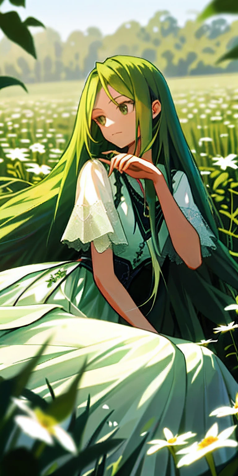 (tmasterpiece,best qualtiy),1 long green hair girl sitting in a field of greenery and flowers,her hand under her chin,warmly lit,white dresses,Blurred foreground