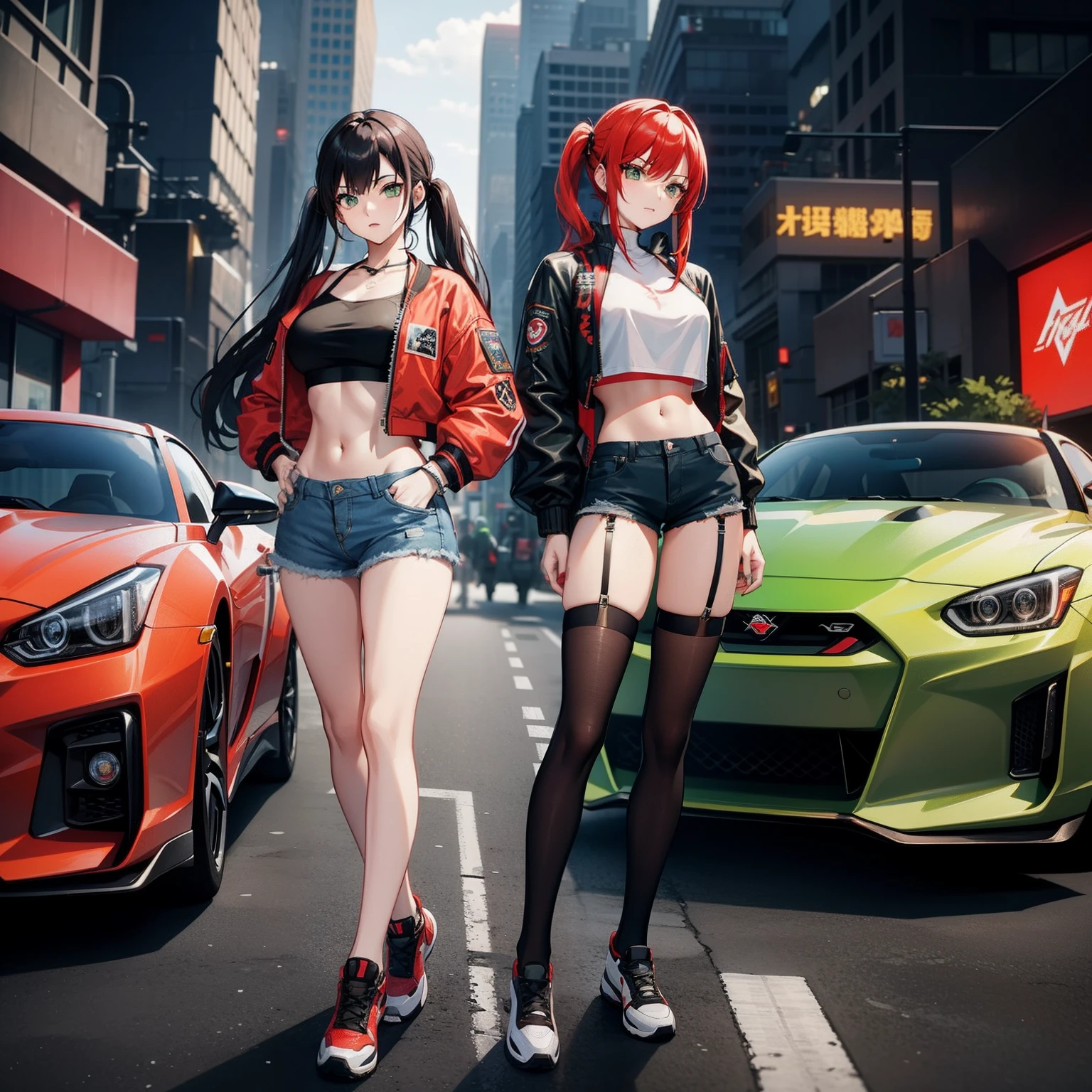 Full body shot, female asian Irina Shidou red hair twintails green eyes, in a cyberpunk city, wearing a bomber jacket and crop top and denim shorts, standing next to a Nissan GT-R, frontal shot, masterpiece, highly detailed