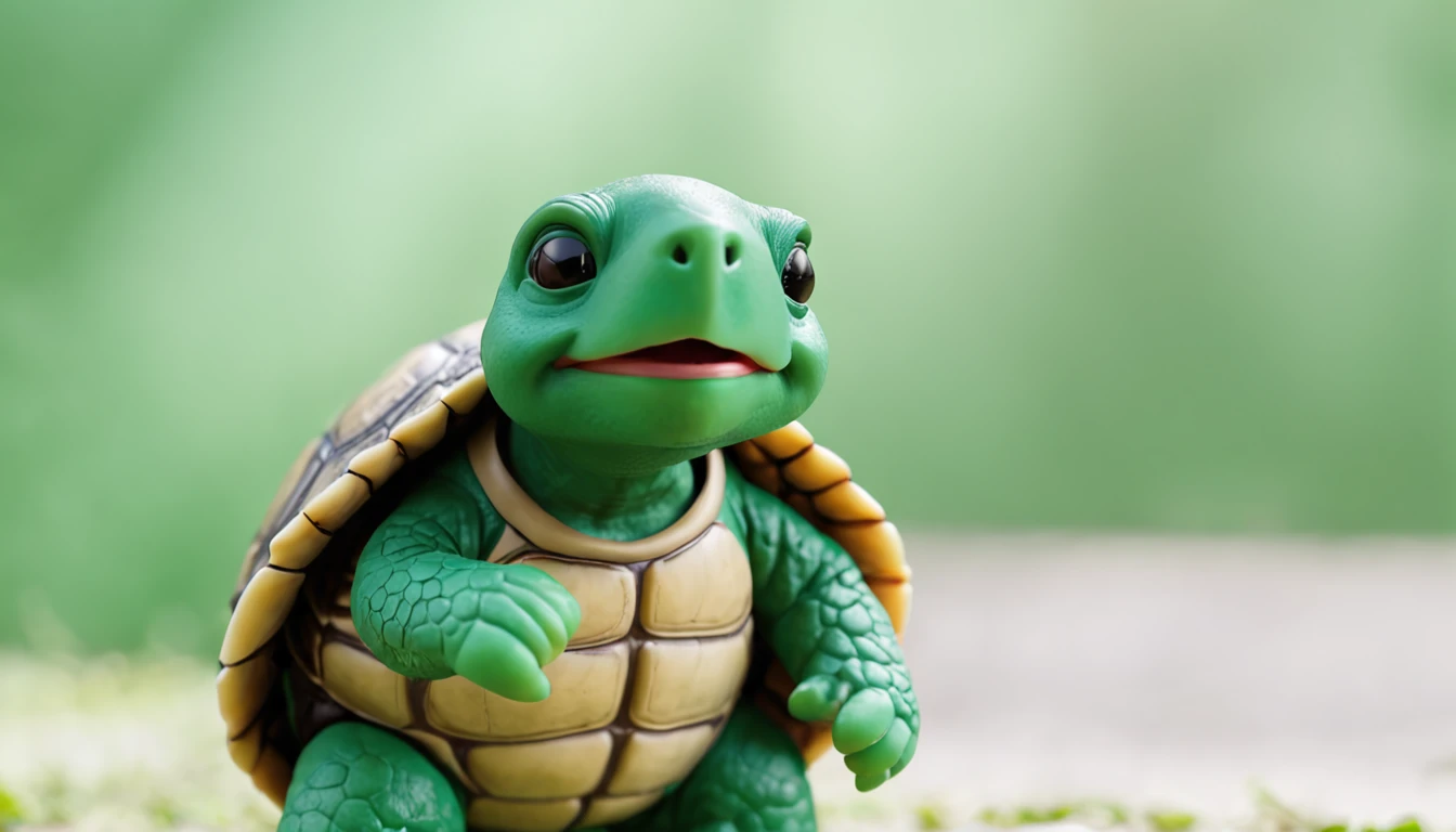 anthropomorphic turtle,Green background,simplebackground,solid color backdrop,Full body frontal photo,1 Cute Hanfu Panda Man,standing on your feet,full bodyesbian, Solo,frontage,facing away from audience, ssmile,Background bokeh,lightand shade contrast,tmasterpiece,flatillustration,minimal style,4K