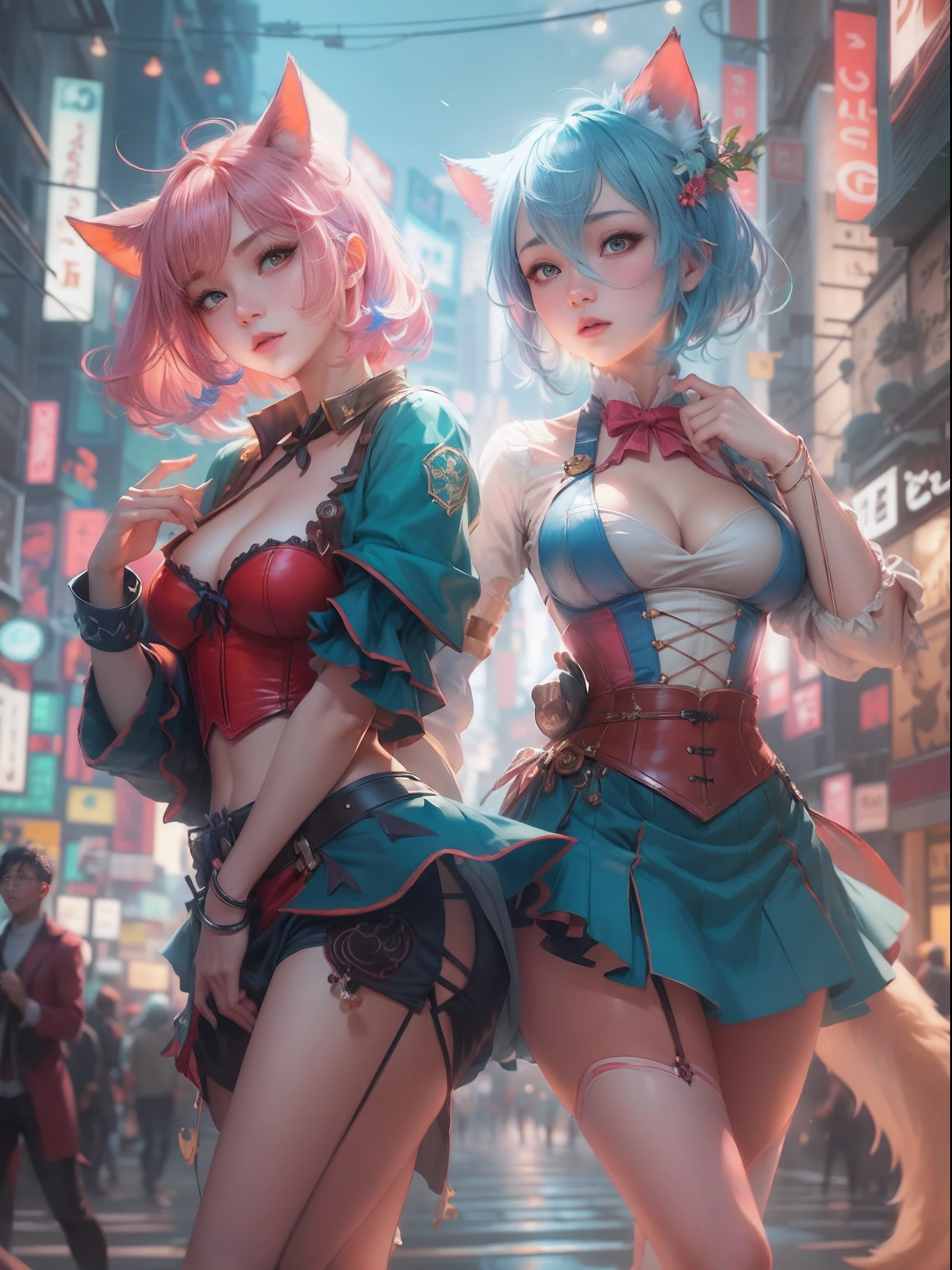 anime - style image of two women with pink and blue hair dressed in red and blue corset, doing Cat poses in Akihabara for a foto shooting, wlop and sakimichan, attractive cat girl, artwork in the style of guweiz, fantasy art style, 2. 5 d cgi anime fantasy artwork, fanart best artstation, by Yang J, trending on cgstation, wlop and ross tran, guweiz