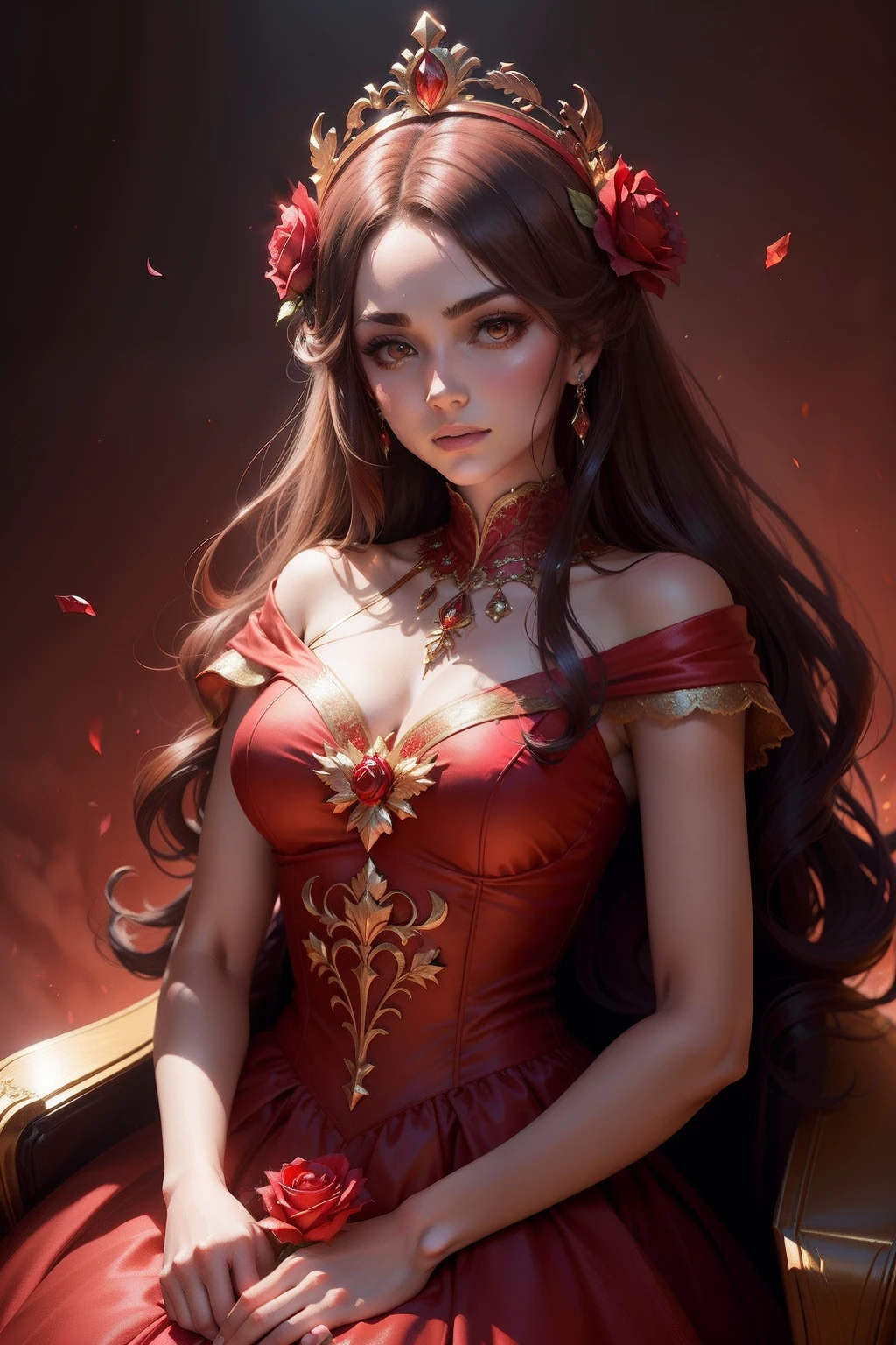 A woman in a red and gold dress,Phoenix crown,the lighting is subdued,rose flower background,Soft lighting crystal fantasy